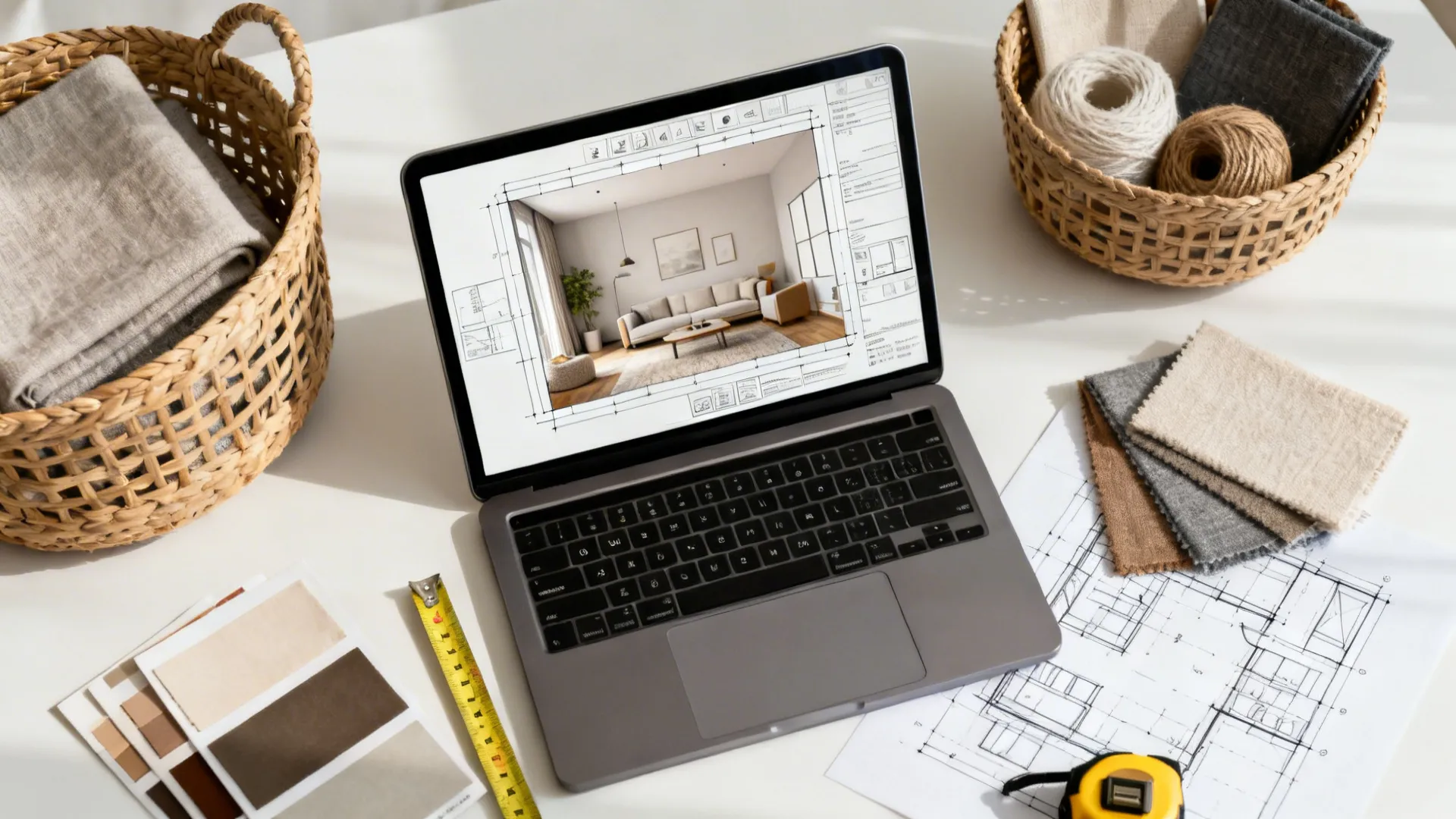 Flatlay of a room planner mock-up on a tablet with basket samples and measuring tools for scale testing.