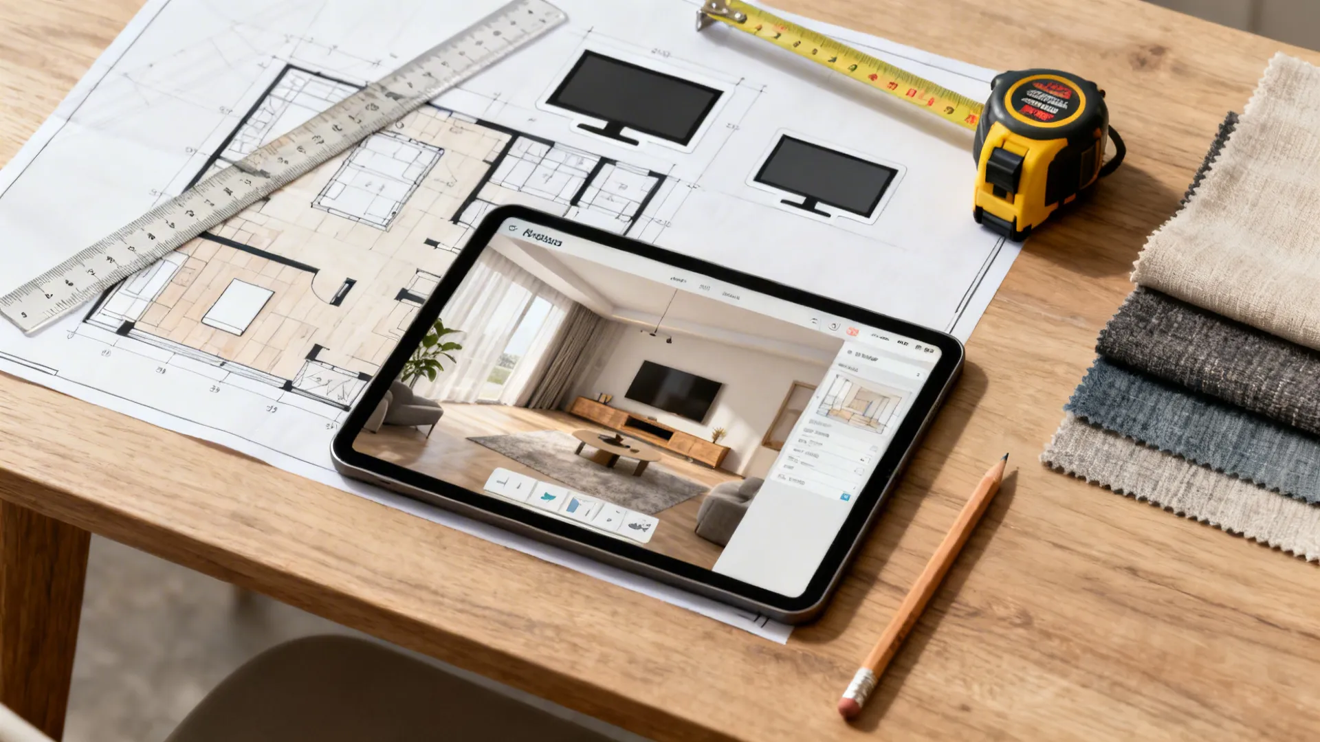 Flatlay of a tablet with room planner, measuring tape and TV cutouts for scale planning.