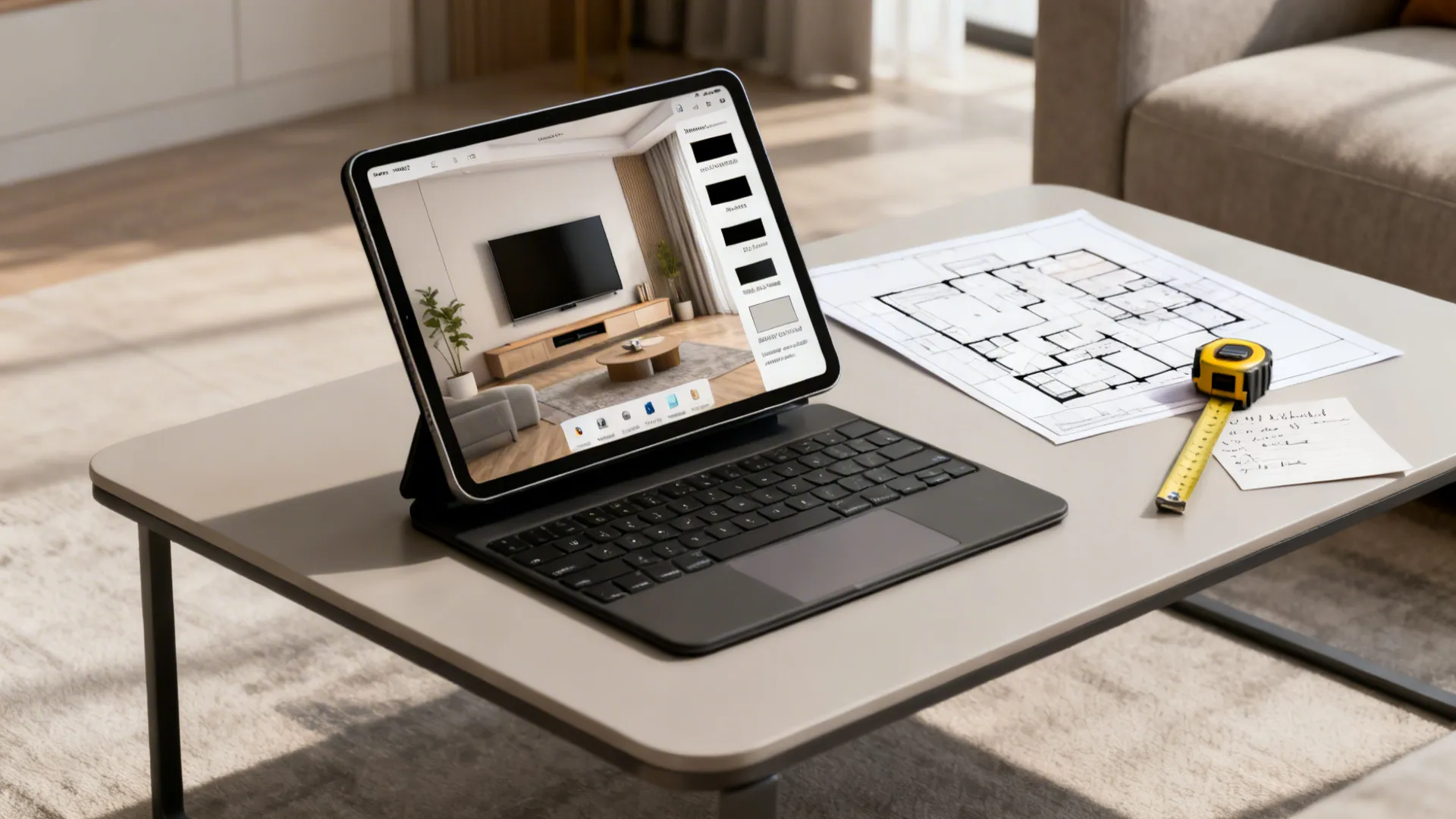 Tablet displaying a 3D room planner with different TV sizes alongside measuring tools