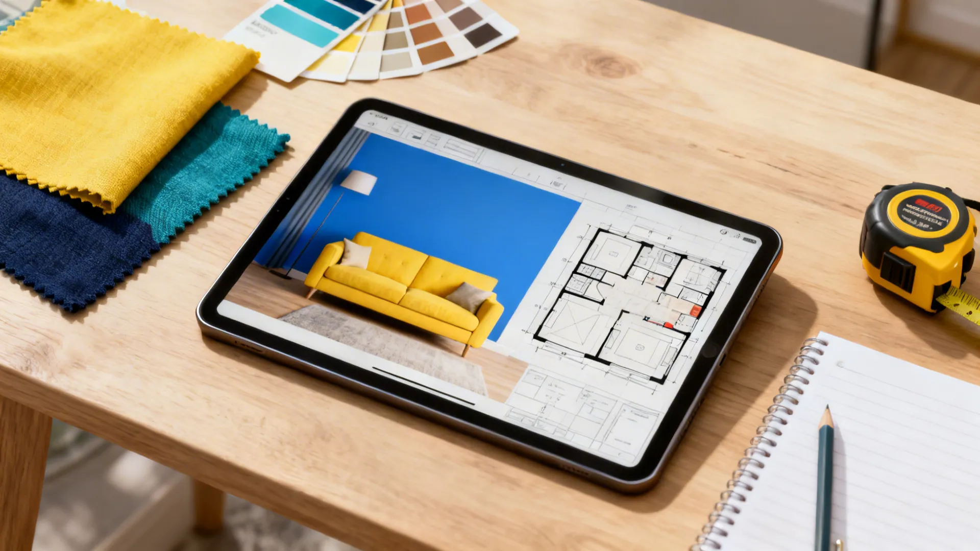 Flatlay of a room-planning mockup with paint swatches, fabric samples and a tablet showing a yellow sofa layout.