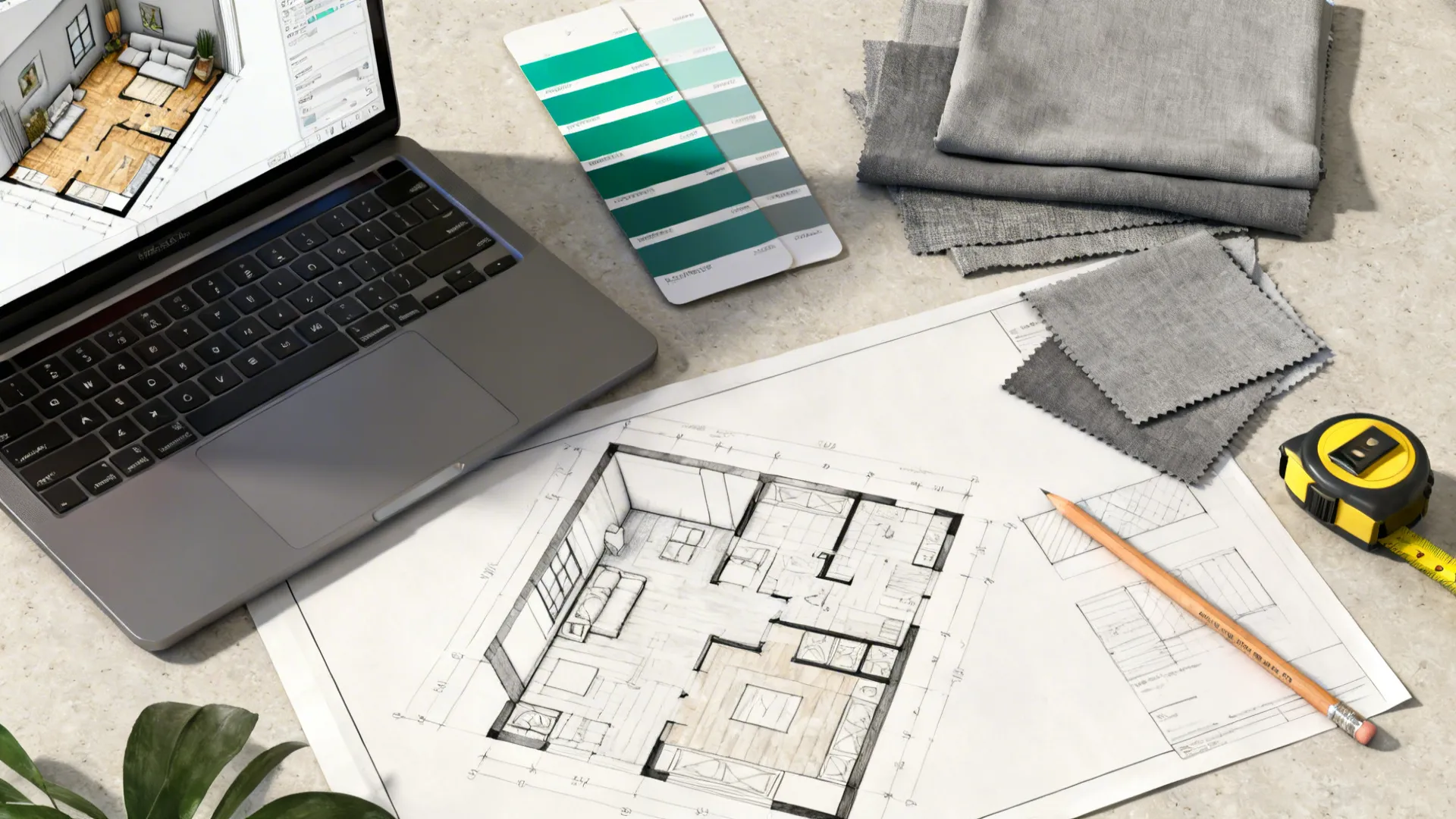 Top-down view of a room planning flatlay with paint swatches, fabric samples and a 3D planner on a laptop