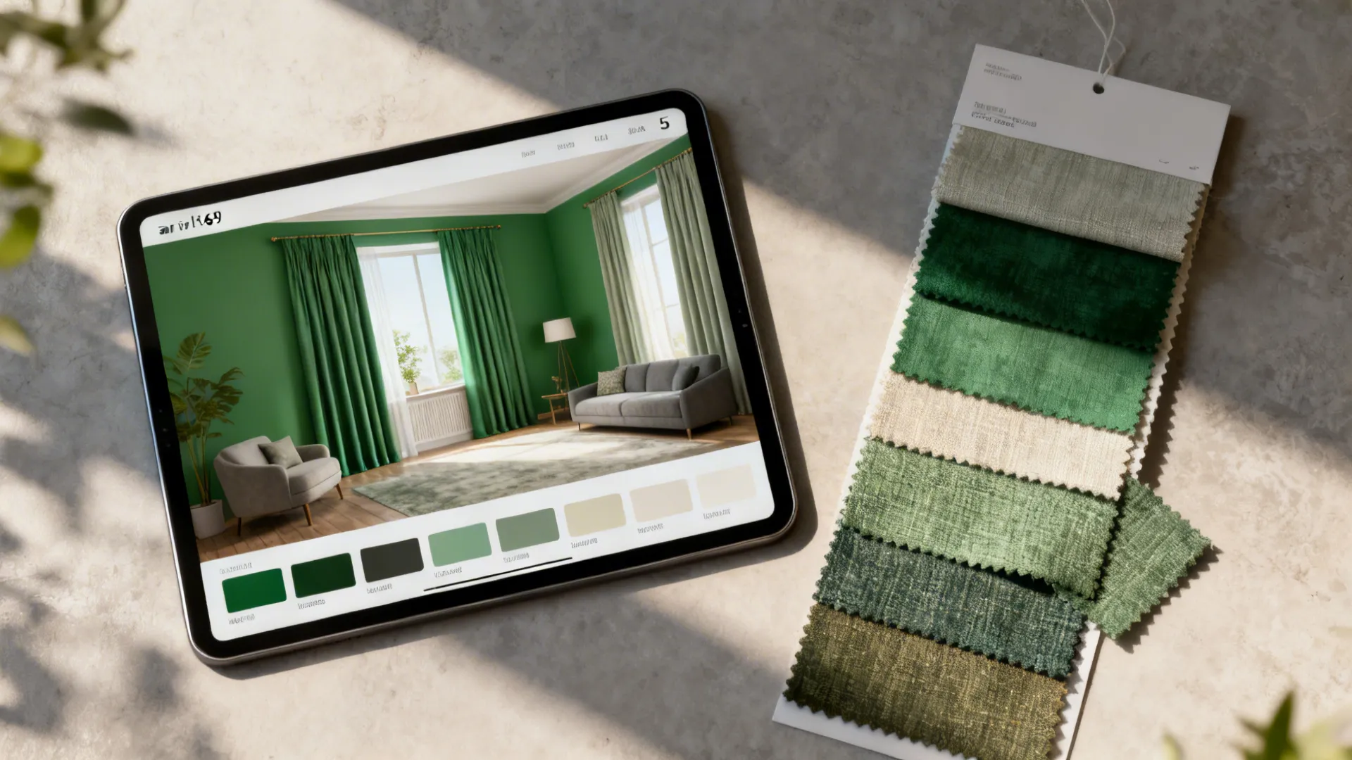Tablet displaying green living room design next to various green and beige fabric material swatches
