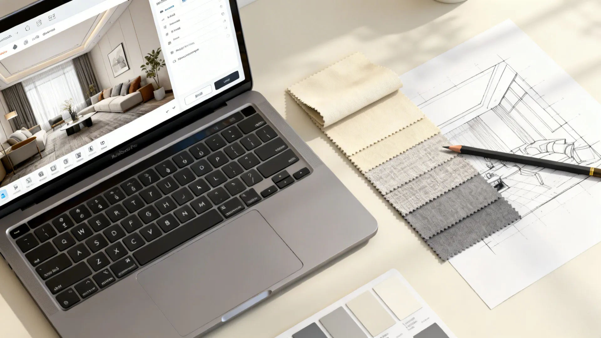 Laptop displaying interior design software next to fabric samples and a hand-drawn living room sketch