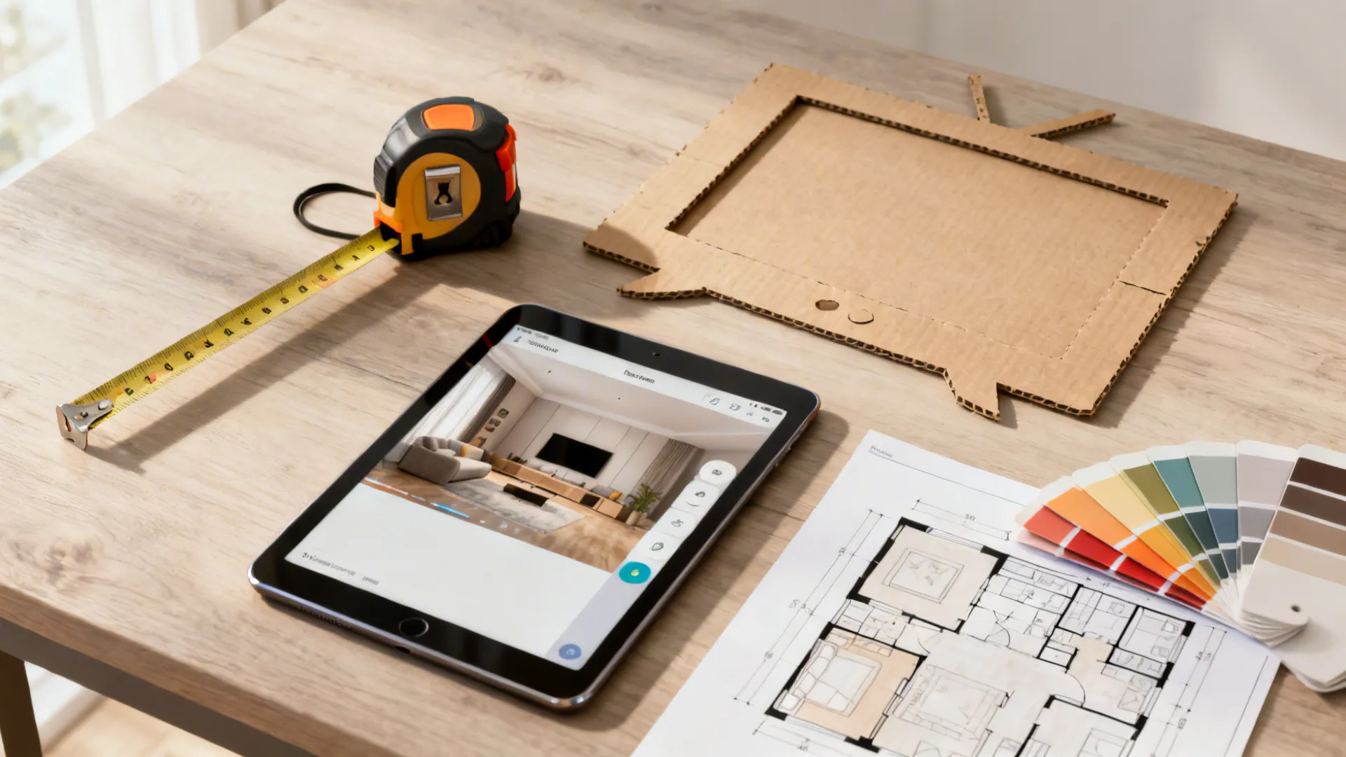 Flatlay of room-planning tools including tape measure, cardboard TV cutout, and a tablet with a planner app.