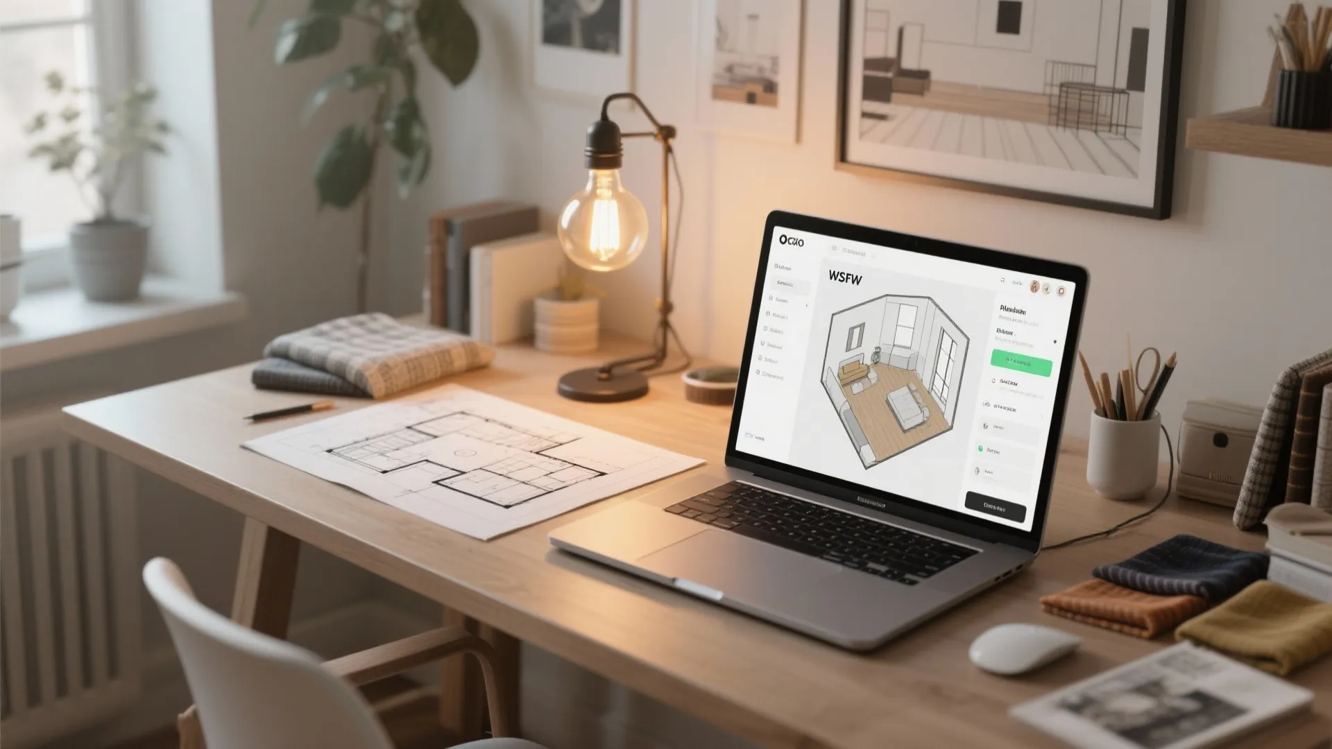 Design workspace with a room planner on a laptop and an Edison lamp casting warm light, surrounded by sketches.