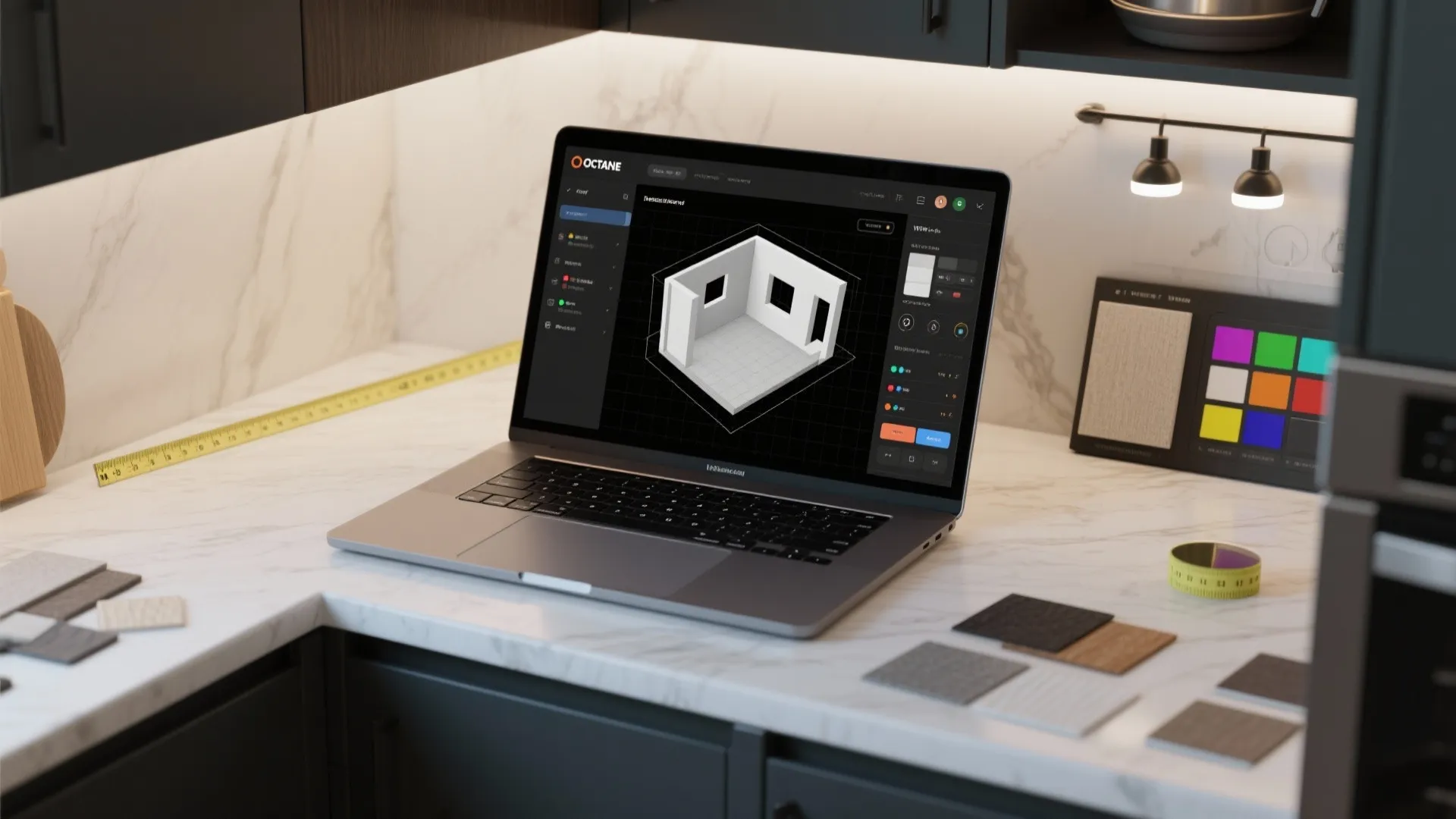 Laptop showing room planner software on marble kitchen counter with material samples and measuring tape