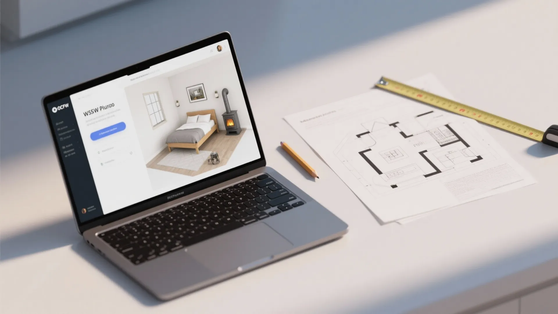 Laptop with room planner app and printed floor plan for testing pellet stove placements