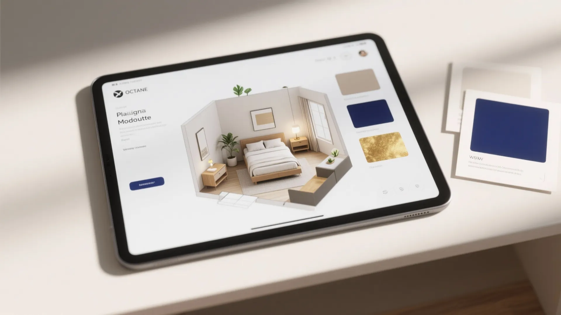 Tablet screen showing bedroom interior design drawing with color swatches on a white desk surface