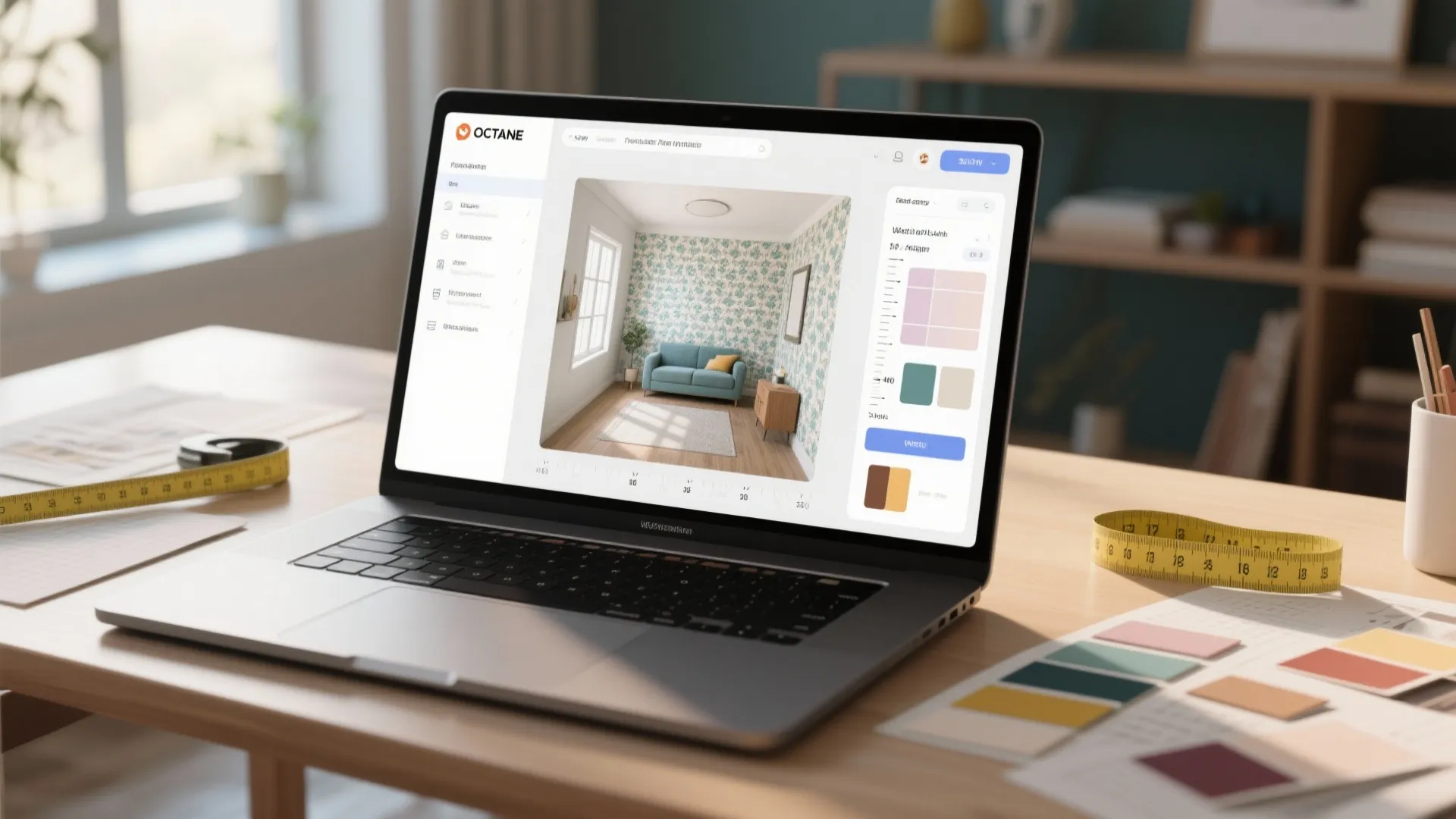 Laptop on desk showing interior design software with living room layout and color palette options