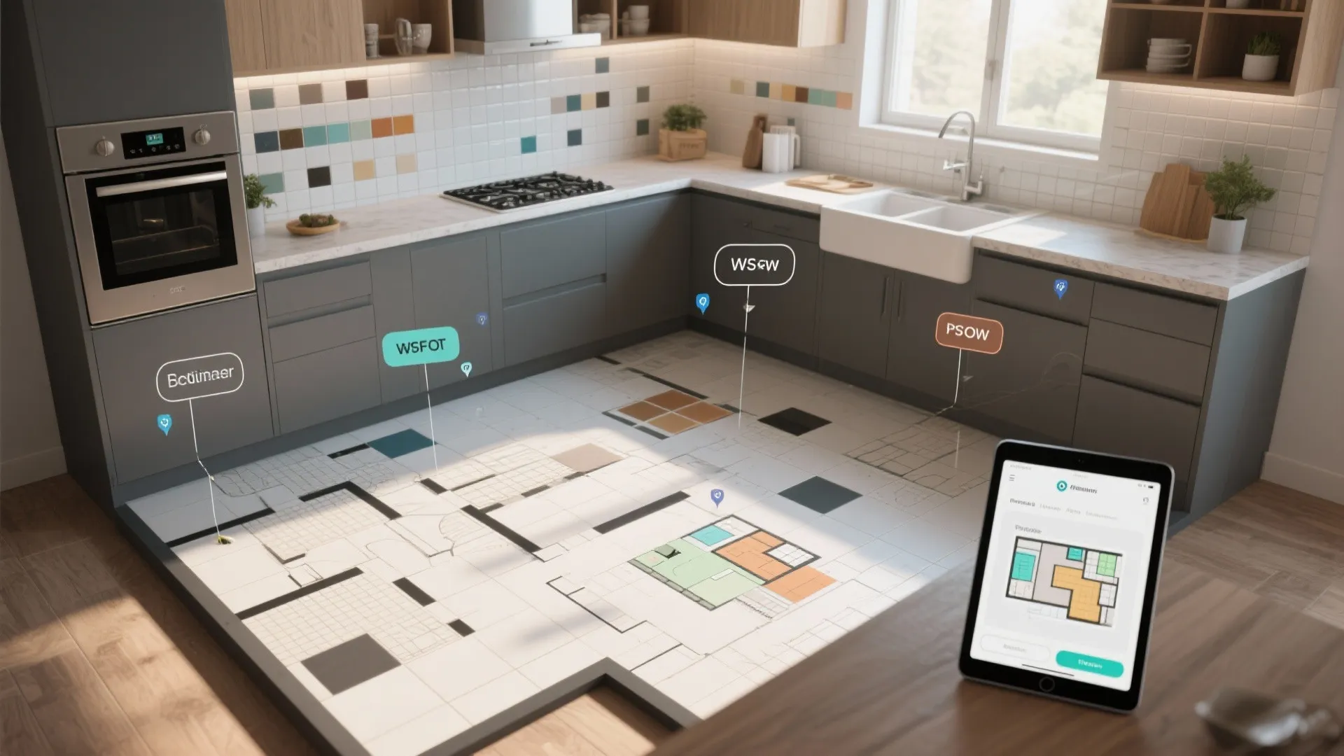 Interior design drawing projected on kitchen floor with tablet showing matching digital floor plan layout