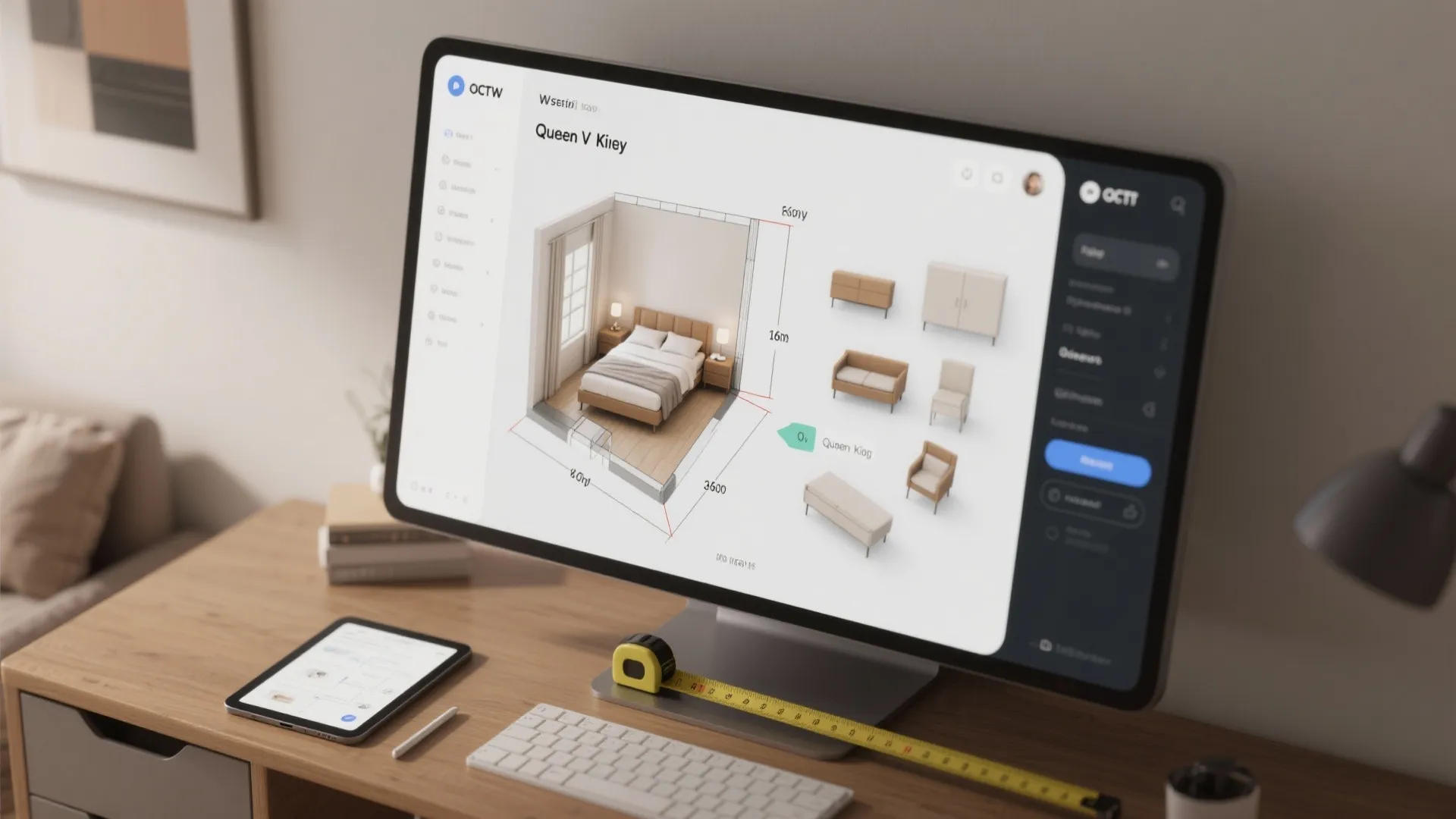 Computer monitor on a wooden desk displaying a room layout design with various furniture options