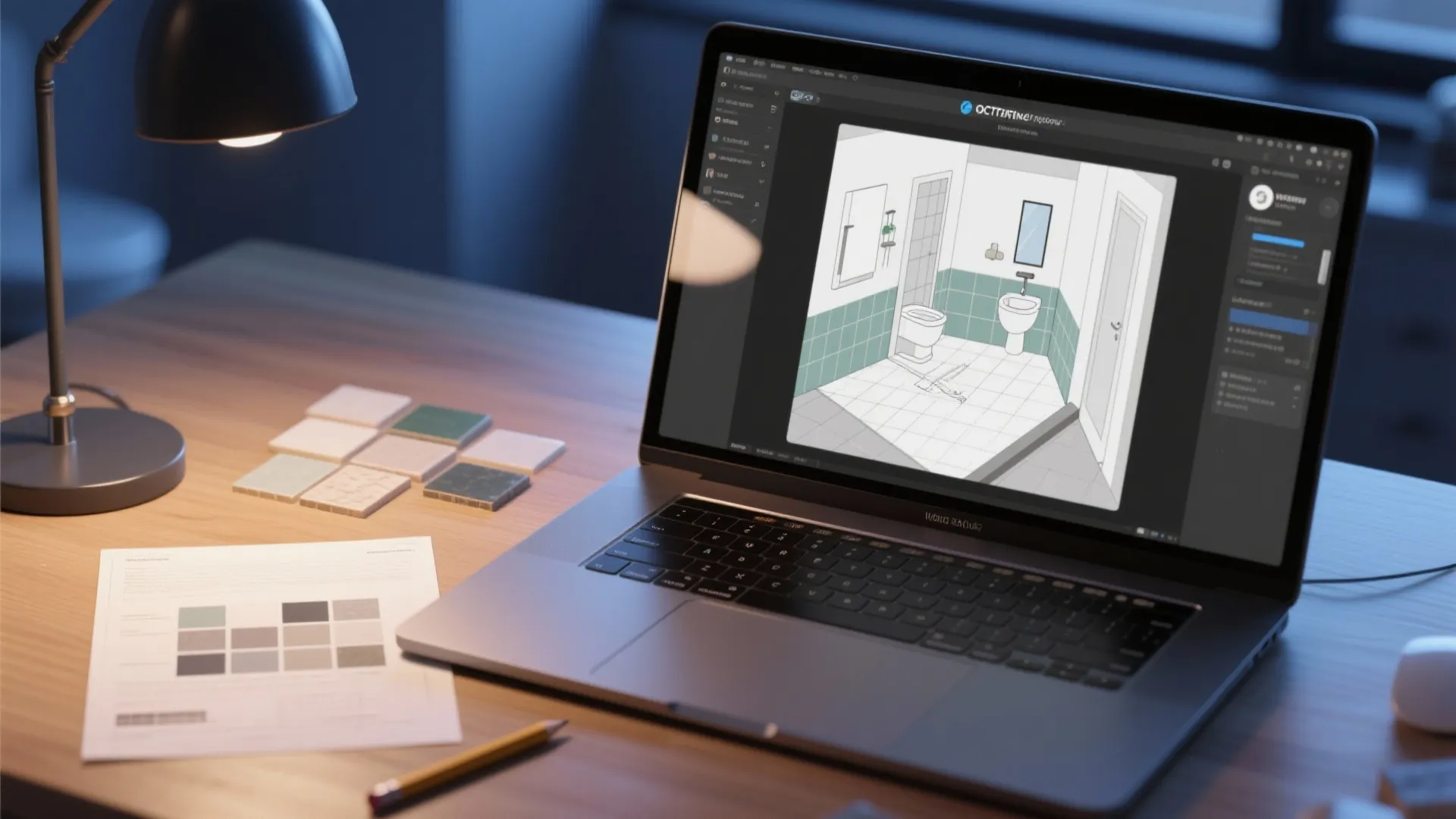 Laptop on wooden desk showing bathroom interior design drawing with green tiles and color palette