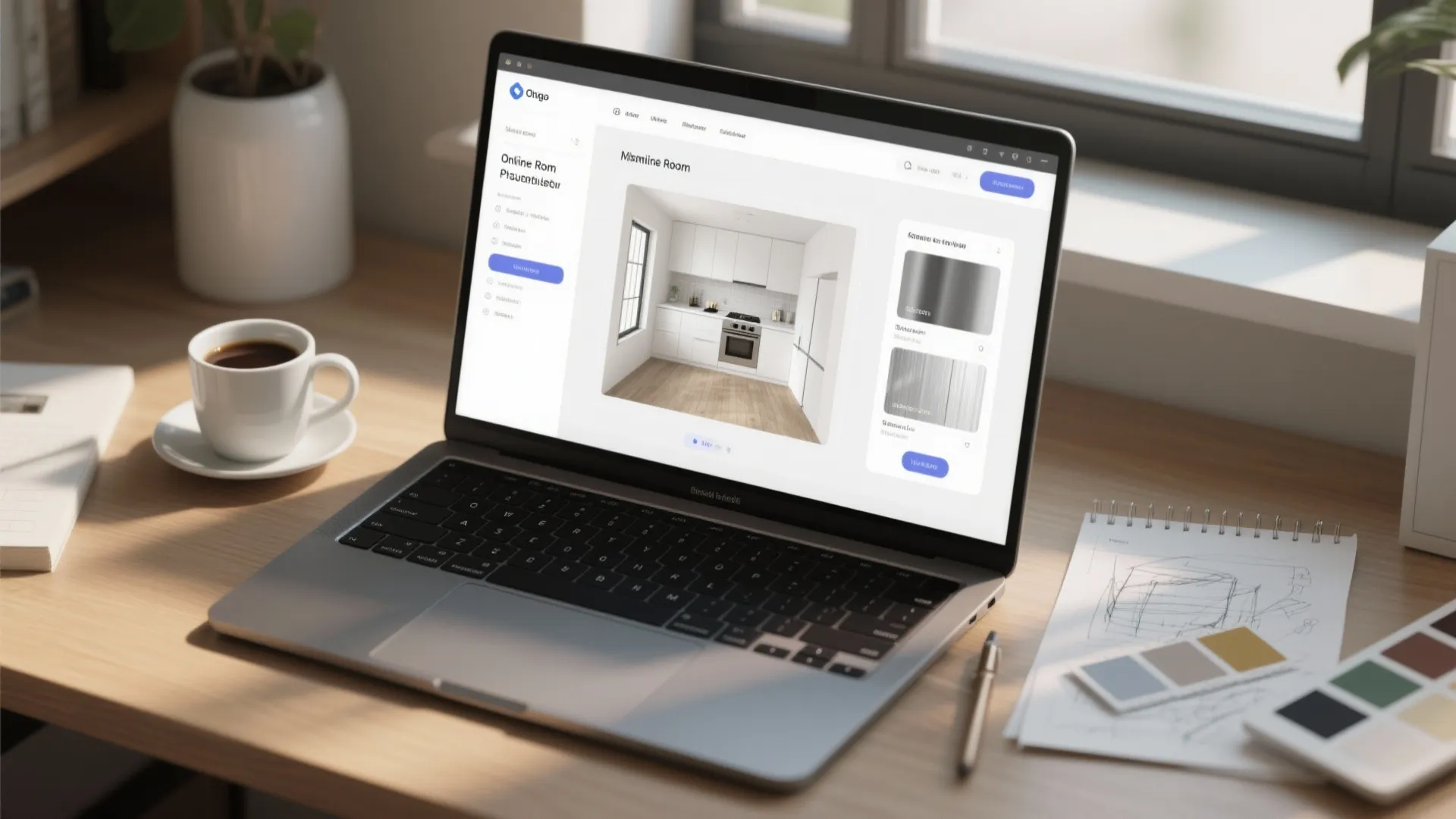 Laptop on a desk showing an online room planner tool with kitchen design and materials