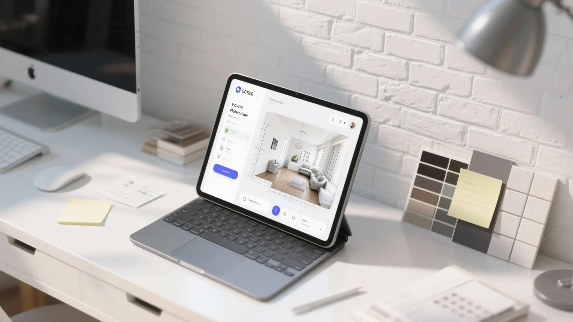 Tablet showing room planner app on white desk with keyboard color samples and brick wall