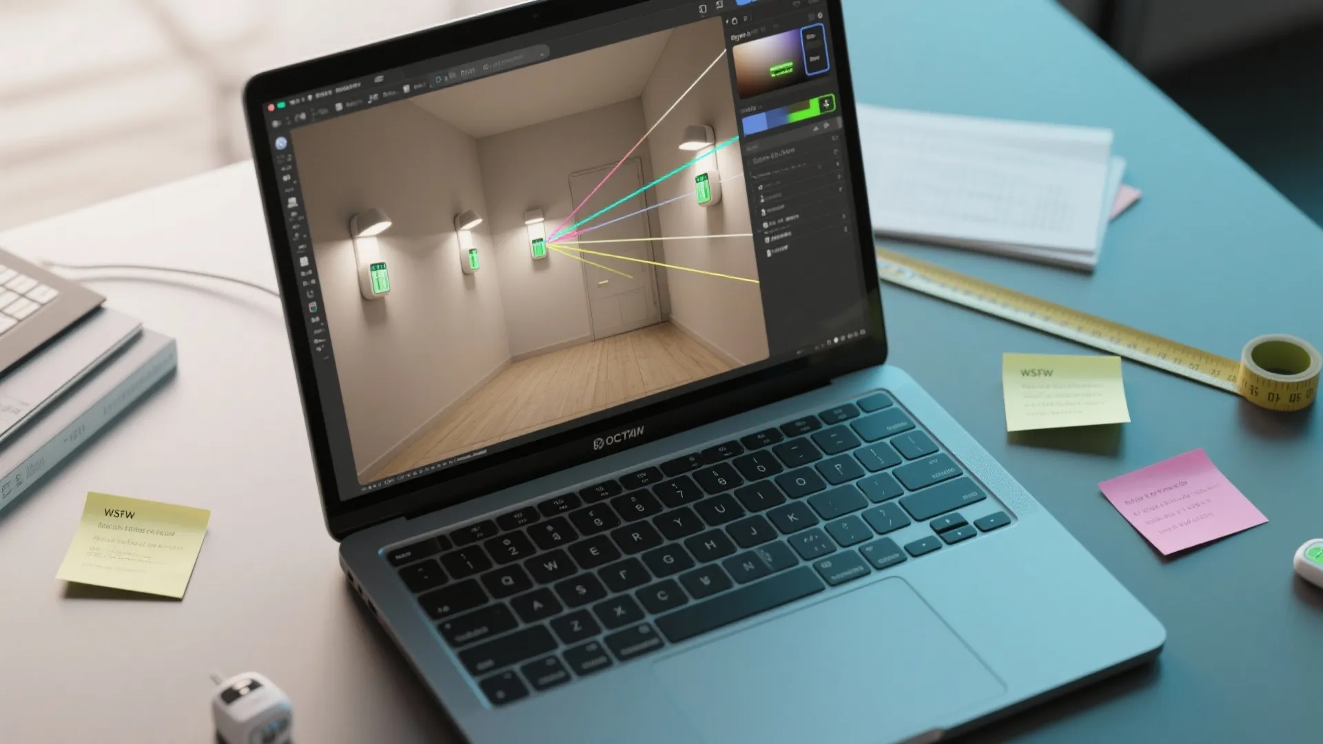 Top-down view of a room planner mockup showing cordless light placements and sightlines
