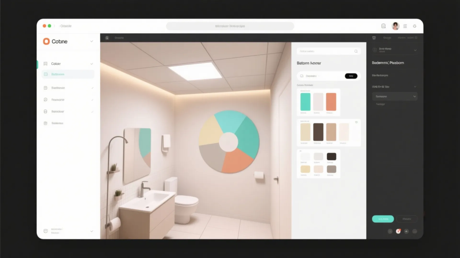 Interior design software interface showing bathroom color palette selection and 3D room layout with sink