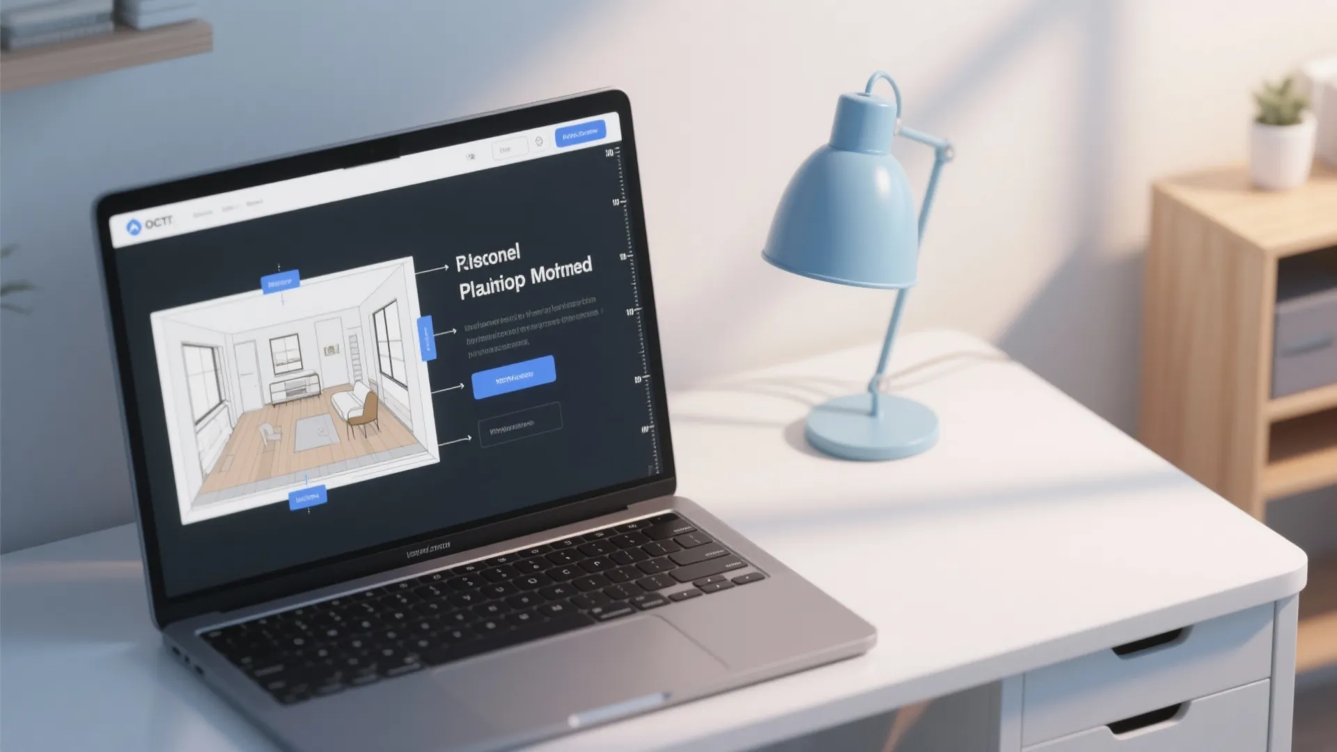 Laptop on a white desk showing an interior design drawing with a blue table lamp