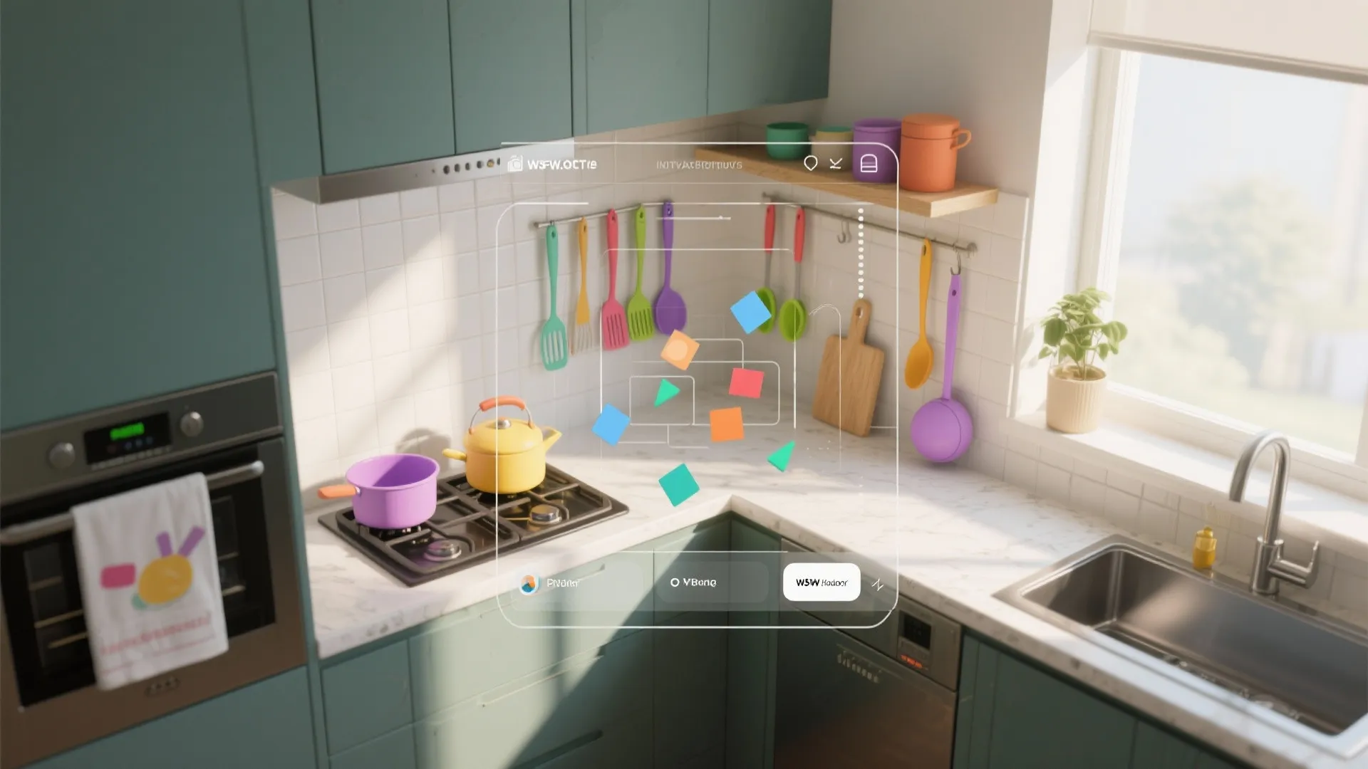 Modern kitchen with green cabinets and interface showing digital layout tools for organized interior design planning