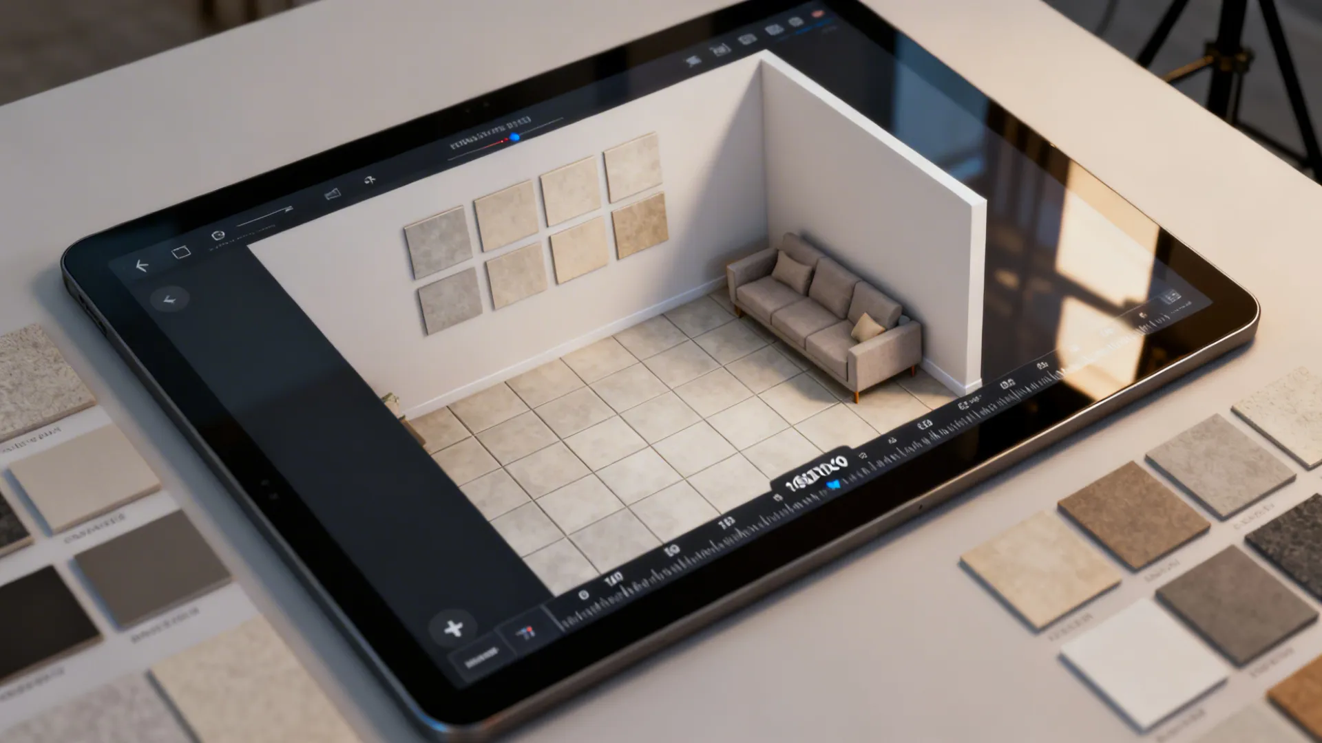 Top-down view of a digital room planner showing tile layouts applied to a small living room mockup.