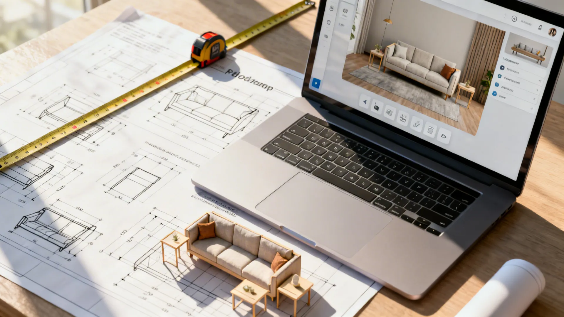 Top-down view of a laptop showing a room planner with measuring tape and furniture dimension guides.