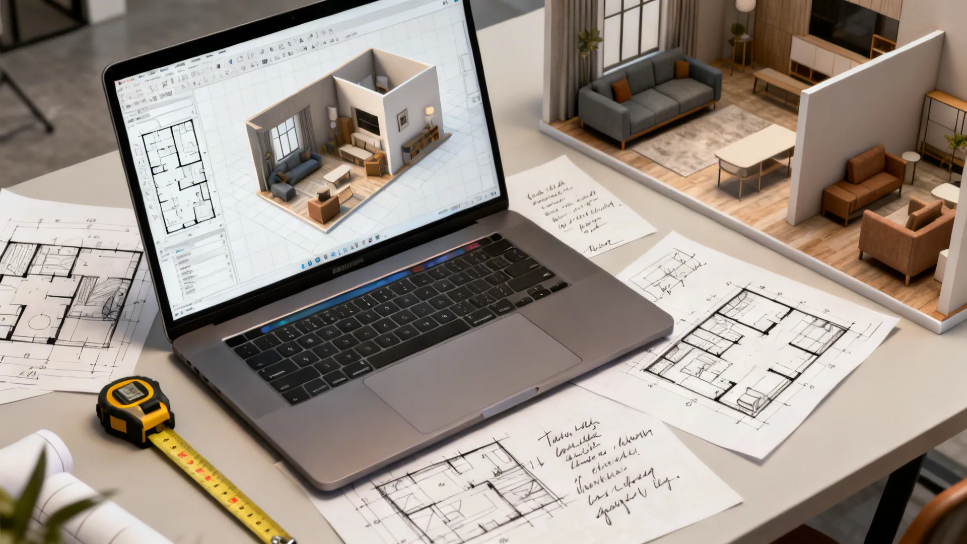 Top-down view of a designer's 3D room planning mockup on a laptop with measuring tools.
