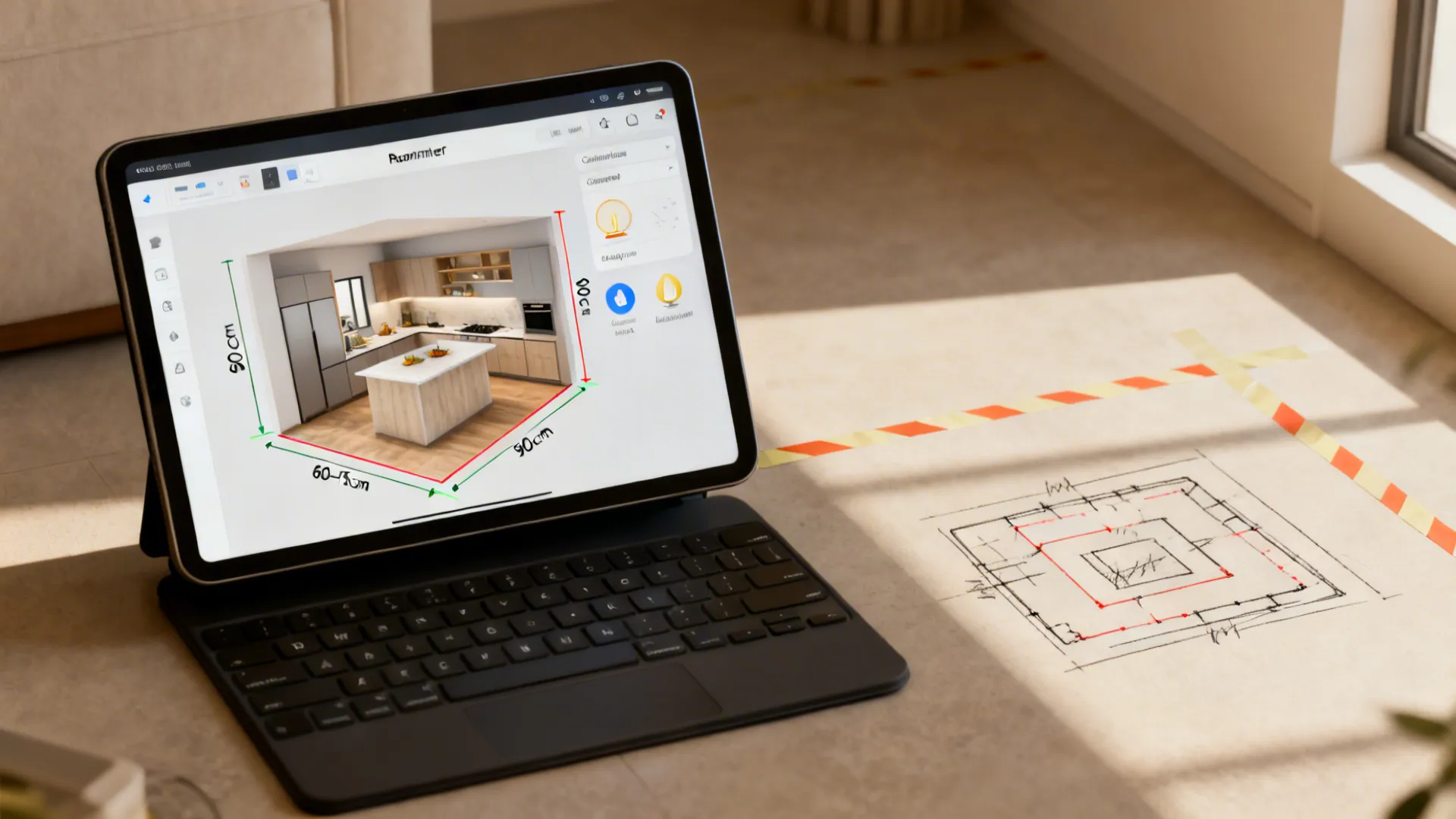 Tablet displaying 3D kitchen interior design drawing next to hand-drawn floor plan sketch on desk
