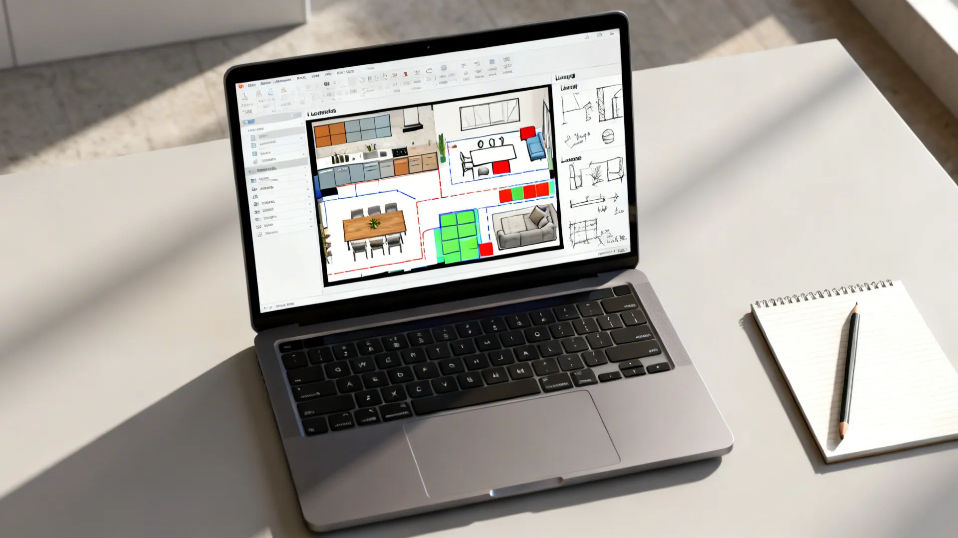 Top-down view of a digital room-planner mockup illustrating zones and circulation for an open-plan layout.