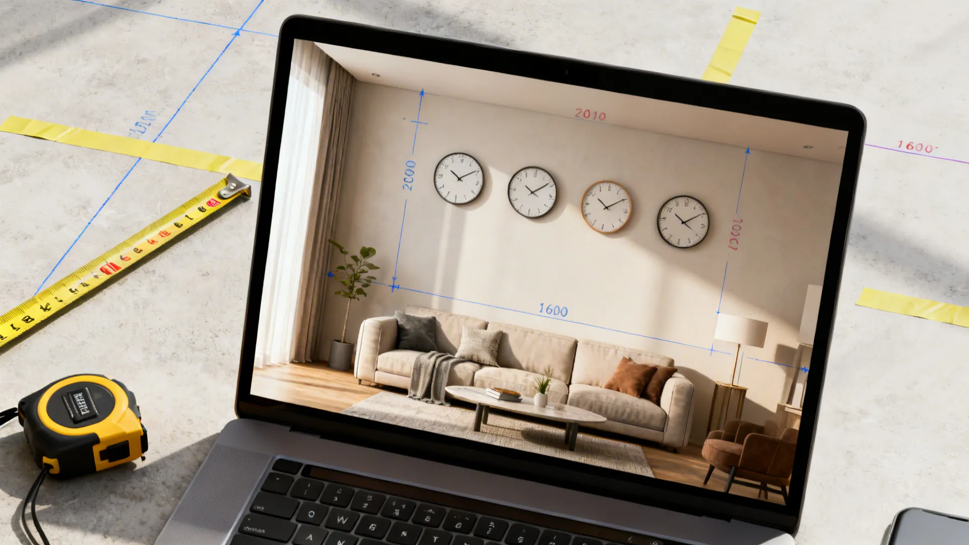 Top-down view of a laptop showing a 3D room planner with clock placement mockups and measuring tools.