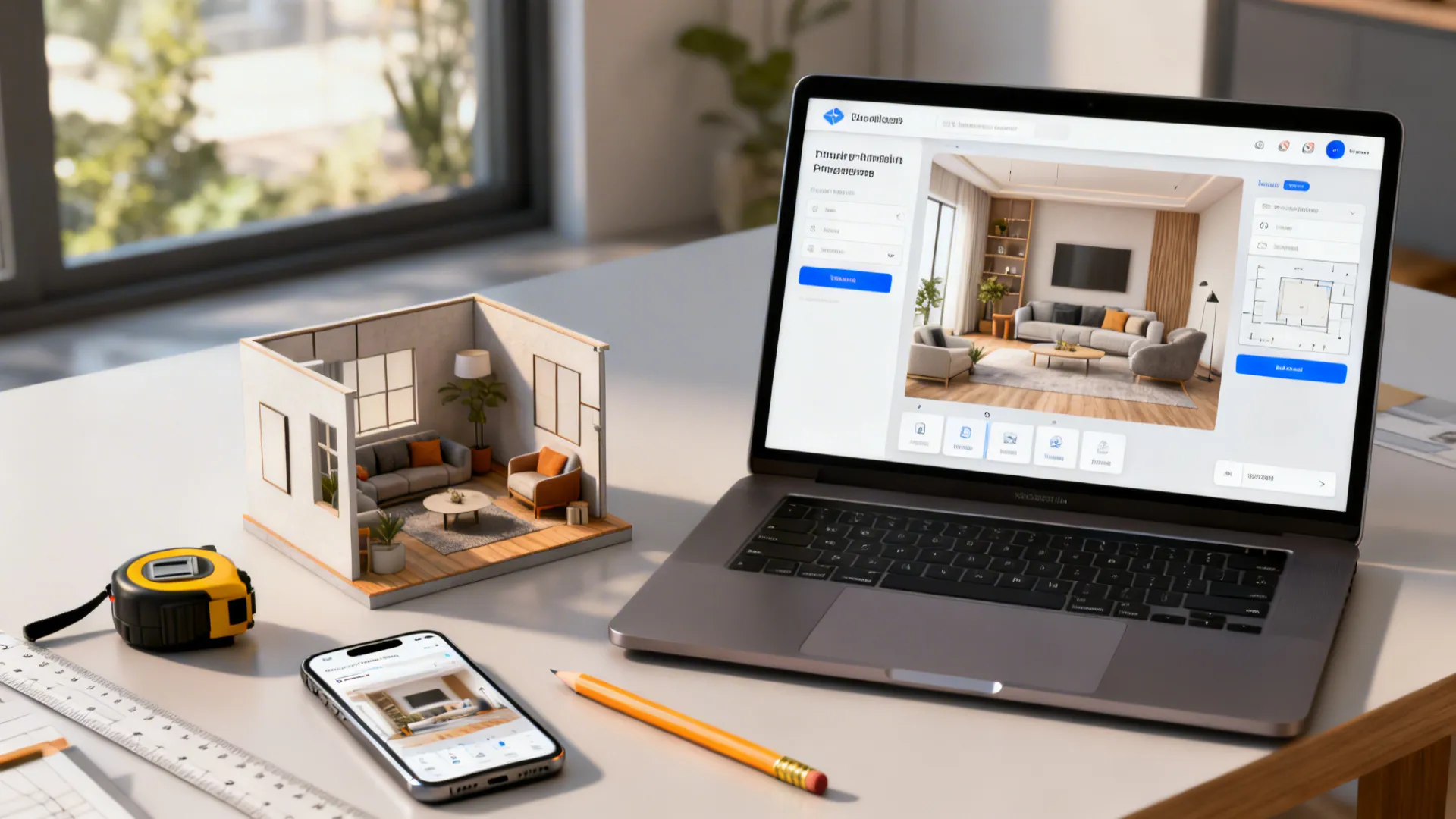 Laptop showing a room planner interface with scaled small living room layout and measuring tools