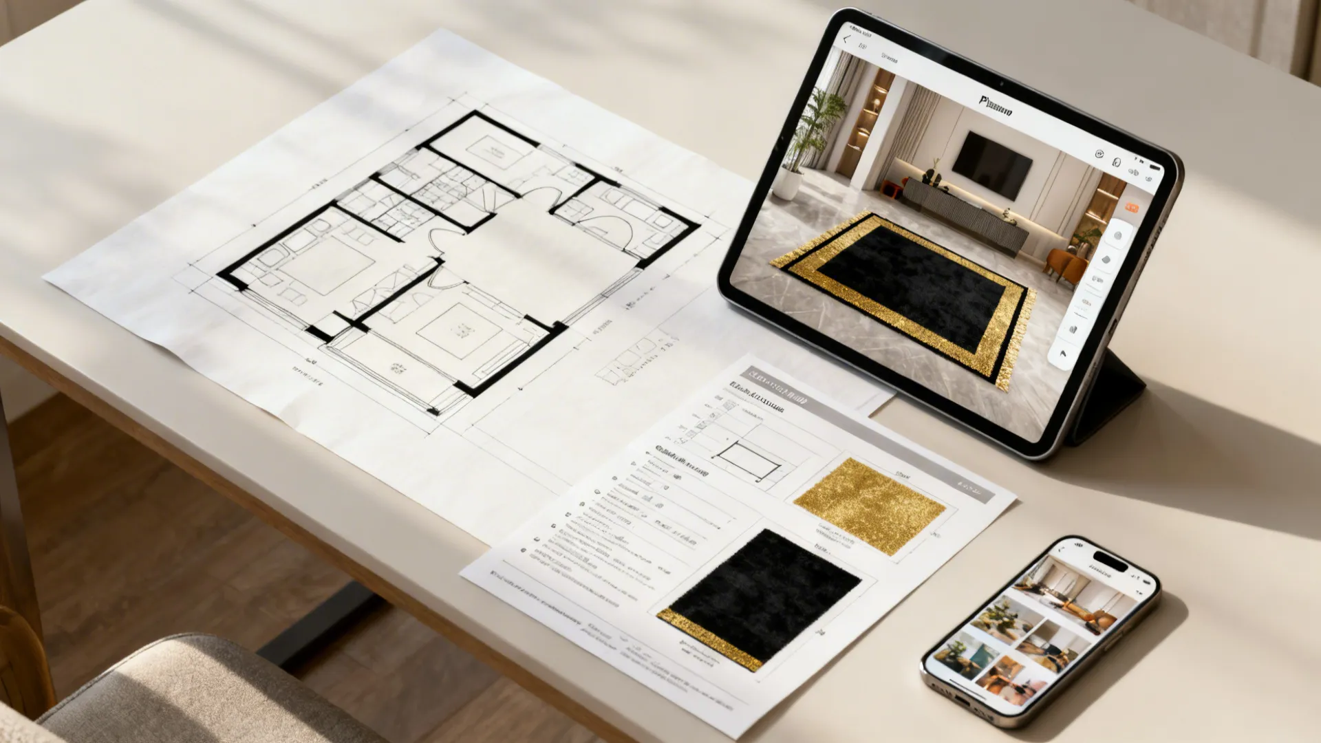 Top-down view of a room planner mockup showing rug placement and size guides for a black-and-gold rug.