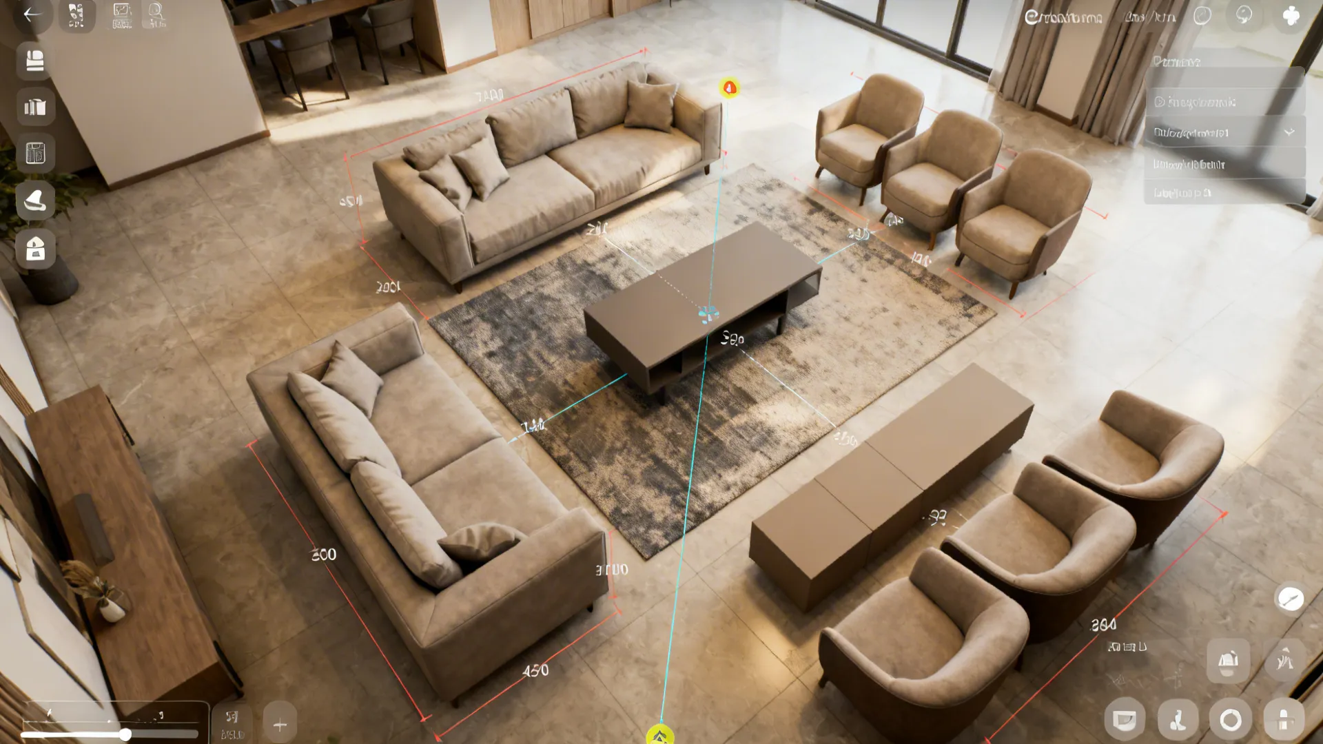 Top-down digital room planner mockup showing multiple open-plan furniture layouts with measurements and sightlines.