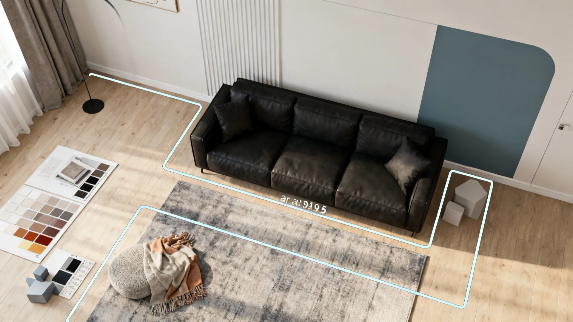 Top-down living room floor plan mockup with a black sofa, furniture layout and mood-board swatches.