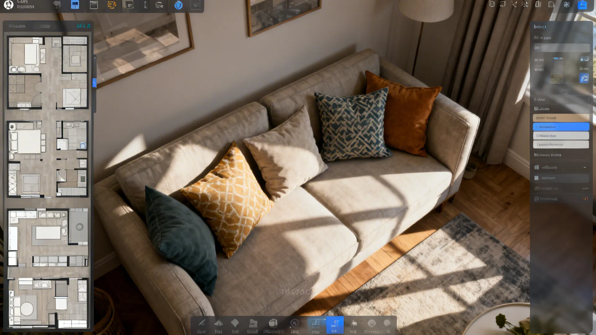 Top-down view of a room planner mockup showing different pillow arrangements on a sofa.