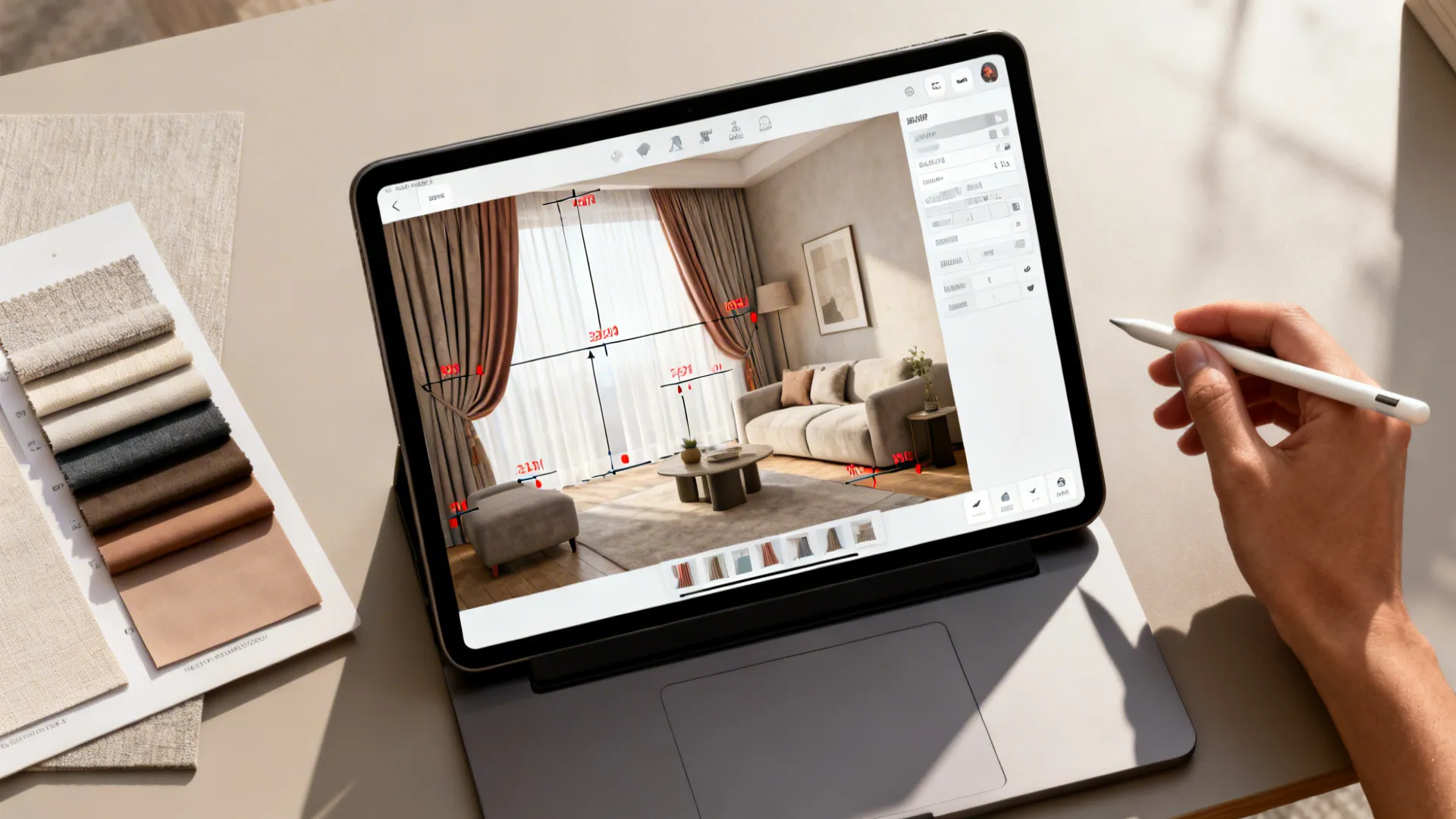 Top-down view of a digital room planner mockup for testing curtain scale and placement on a tablet