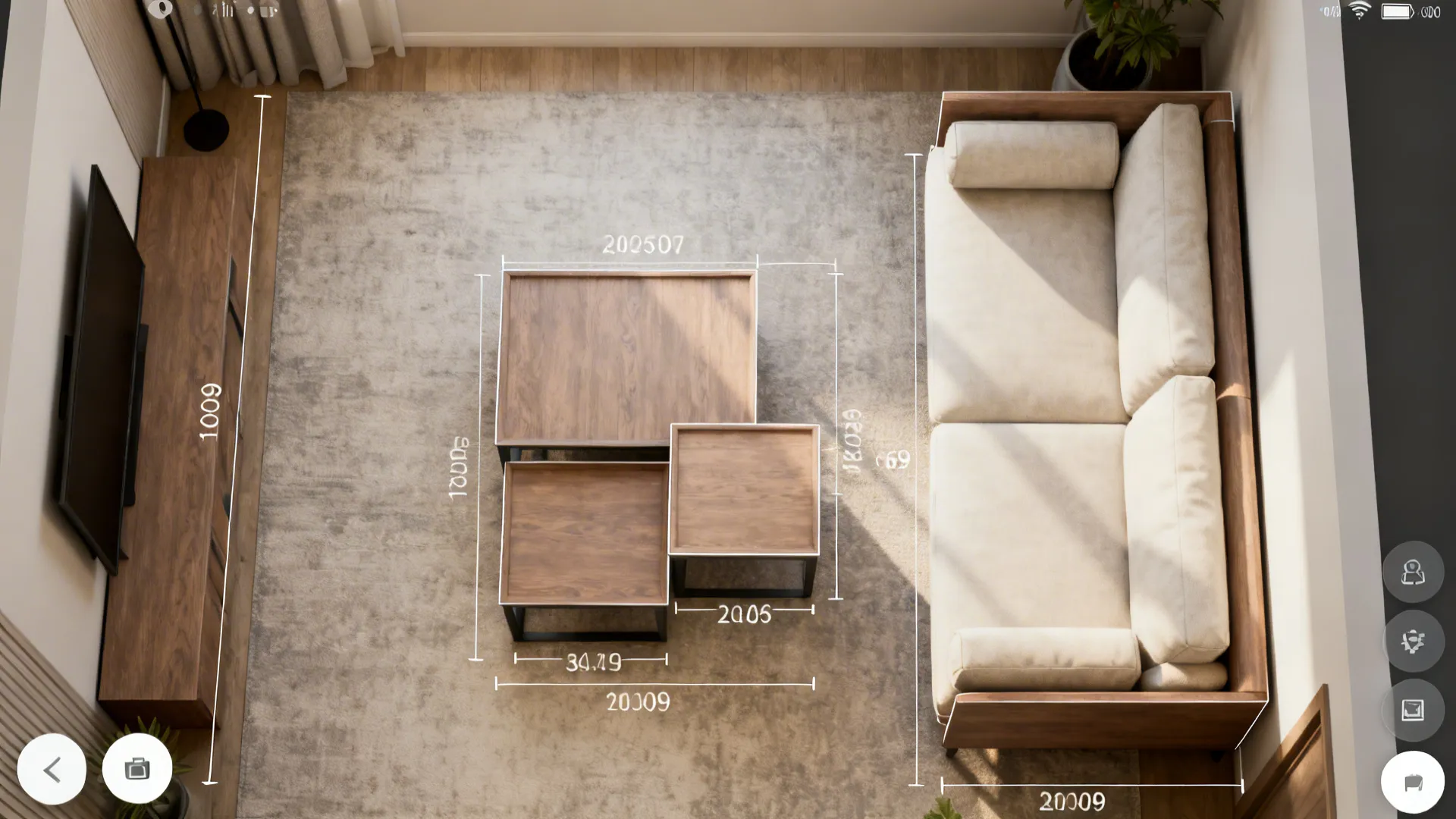 Top-down mockup of a simple room planner showing furniture scales and circulation measurements for a small living room.