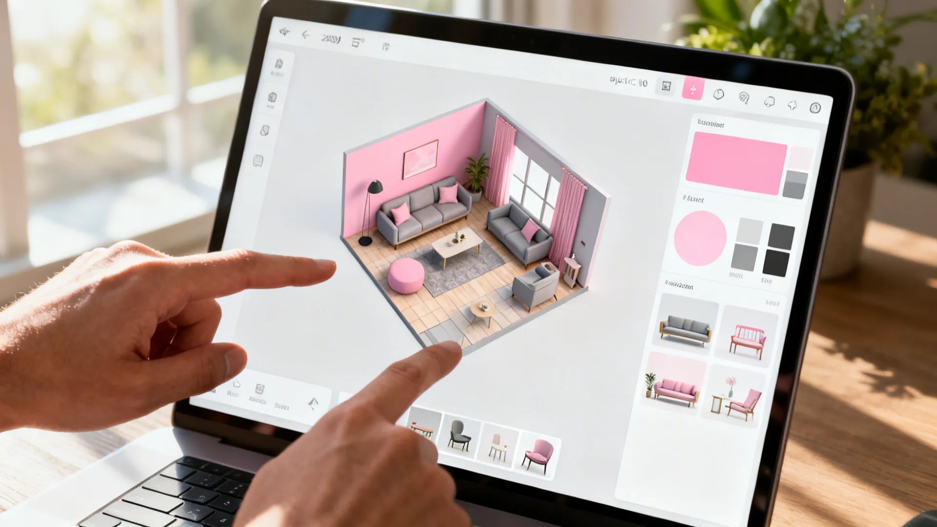 Top-down view of a 3D room planner on a tablet showing pink-and-gray layout options and paint swatches.