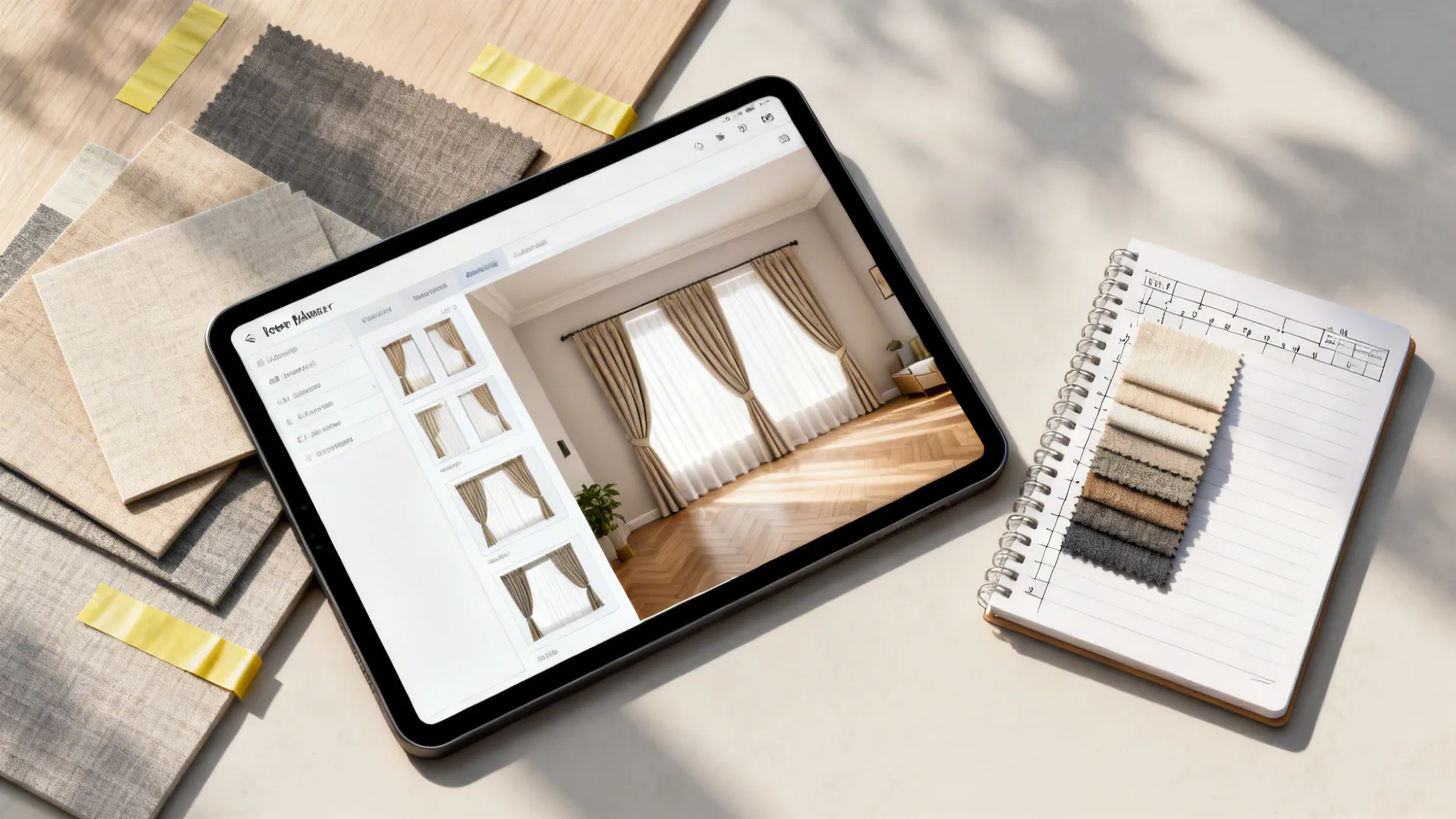 Top-down mockup showing room planner tablet and curtain samples used to test rod heights