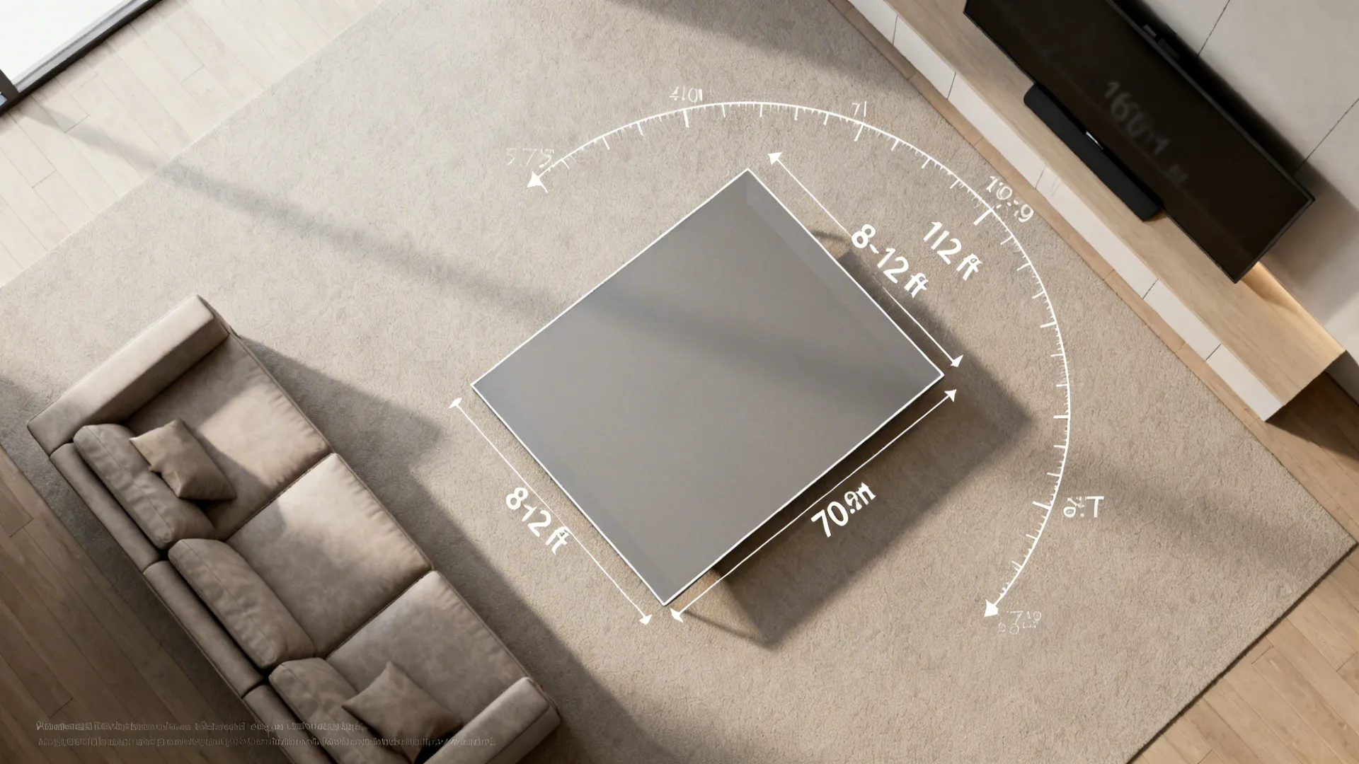 Top down view showing measurement lines for a living room with sofa rug and TV