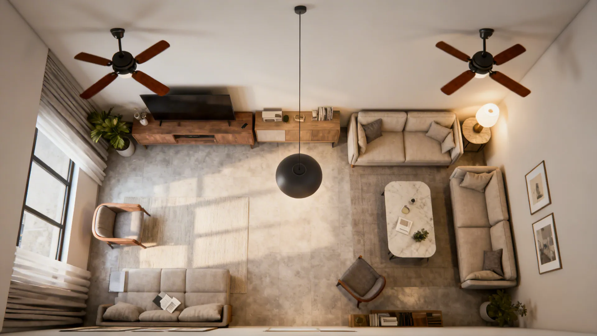 3D room planner mockup showing two ceiling fans, furniture layout and a central pendant option