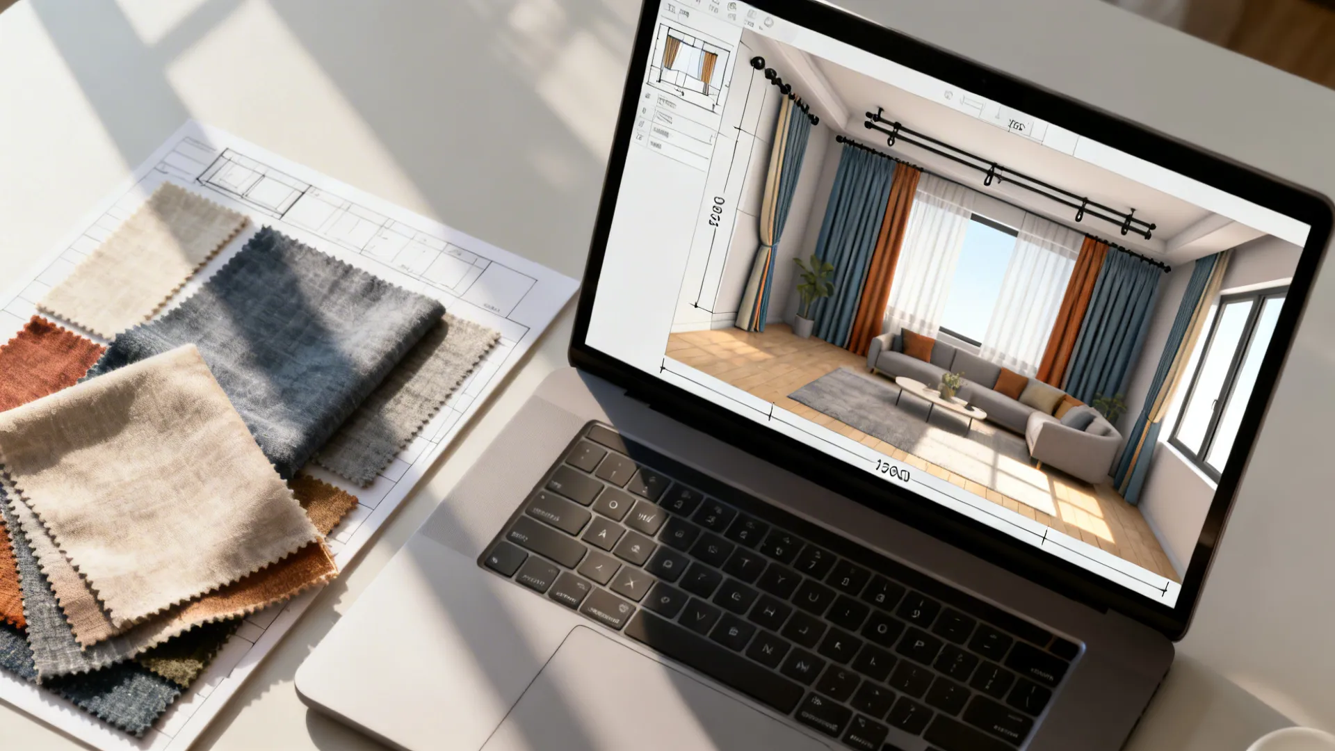 Top-down shot of a laptop with a 3D room planner mockup alongside curtain swatches