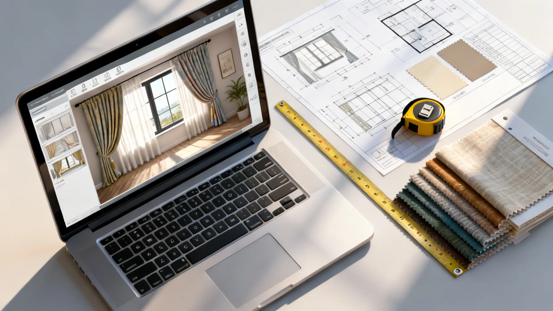 Laptop showing room planner renders with curtain swatches and measuring tools for layout planning
