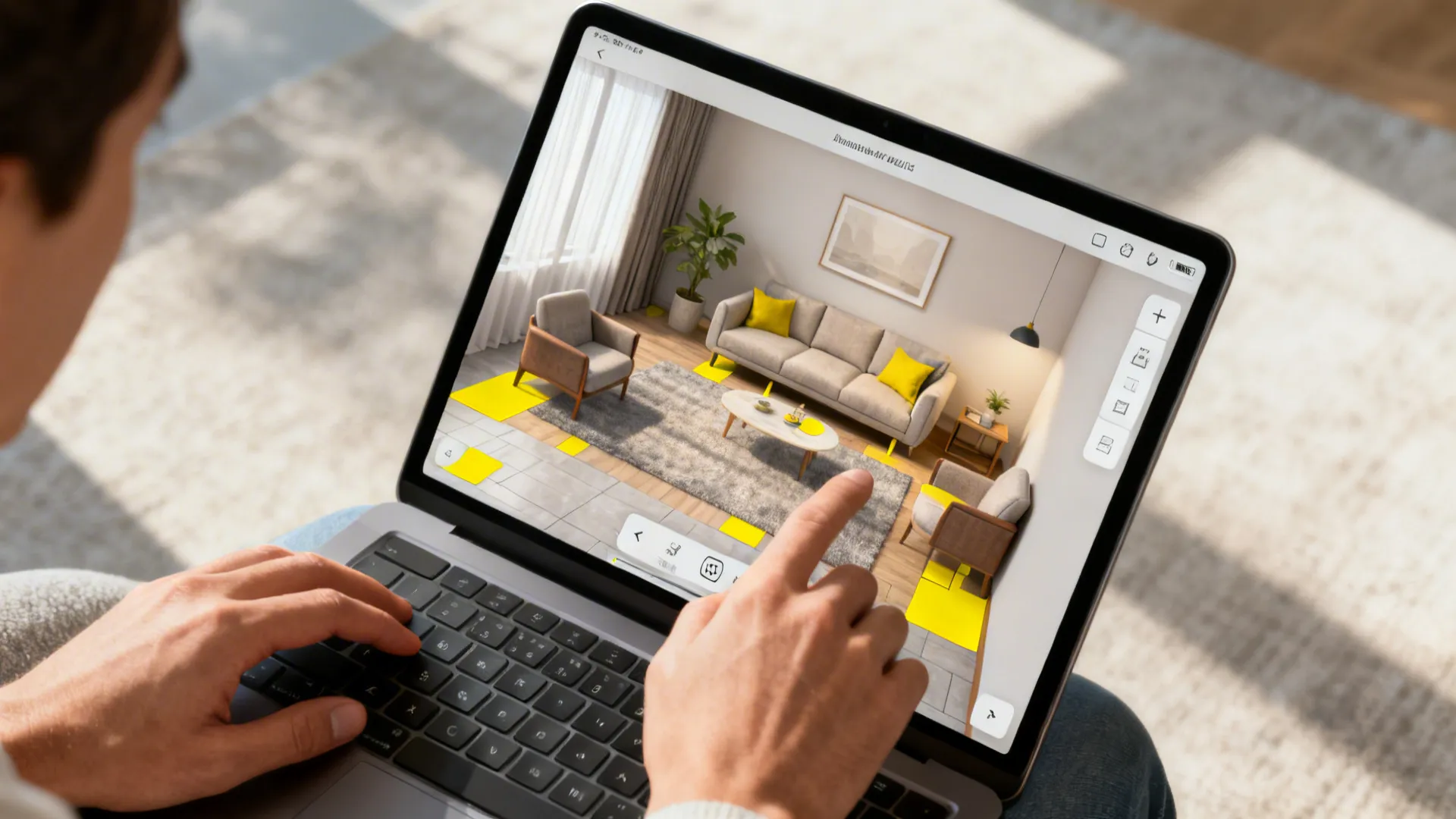 Overhead shot of a digital room planner on a tablet showing placement of grey furniture and yellow accents.