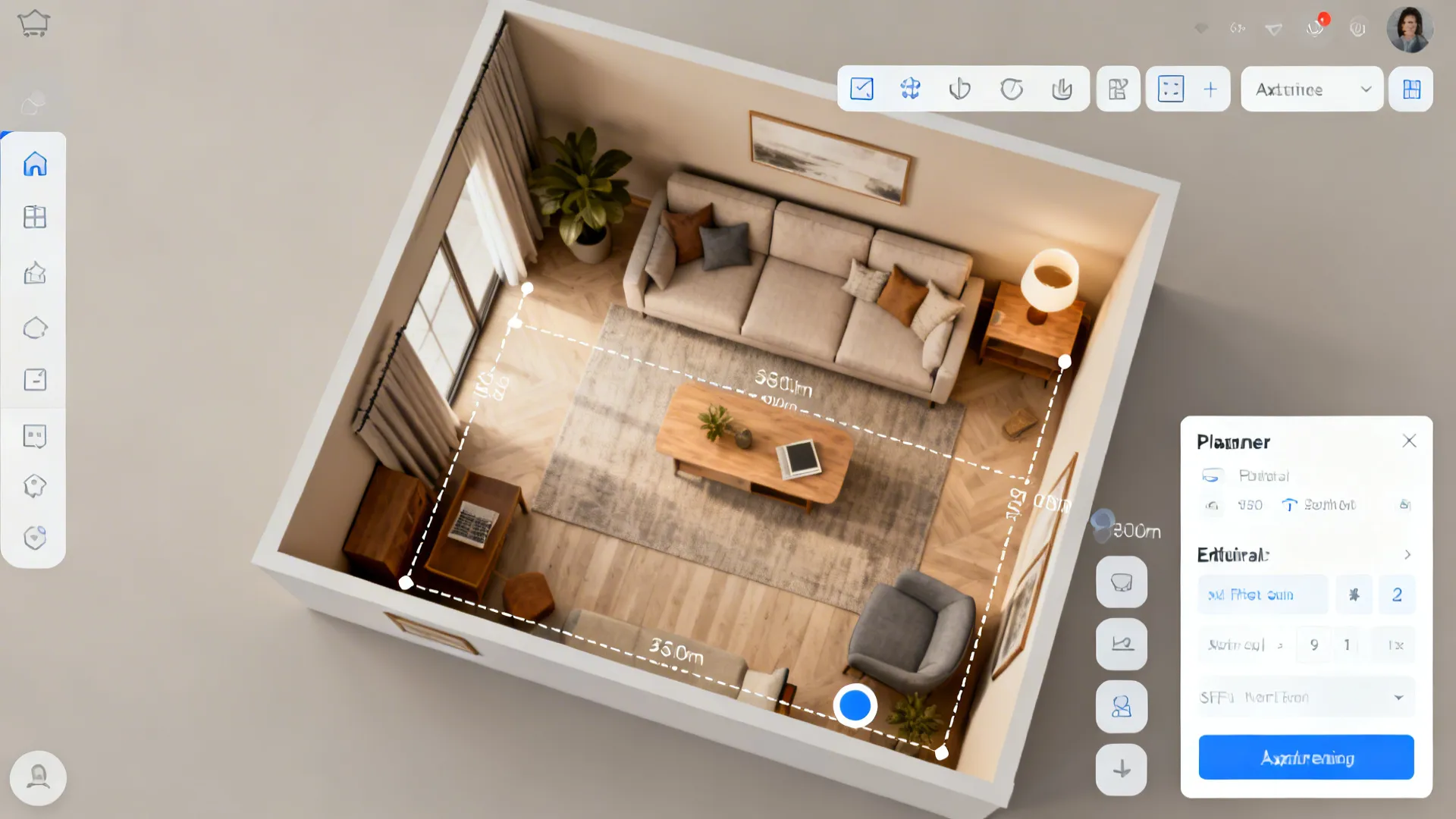 Coohom interior design tool showing a living room layout with sofa coffee table and measurements