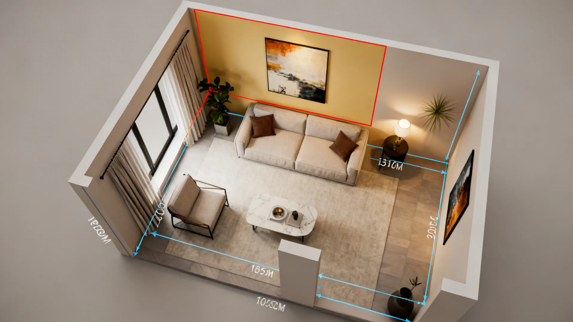 Top-down room planner mockup showing artwork placement, measurements, and sightlines.
