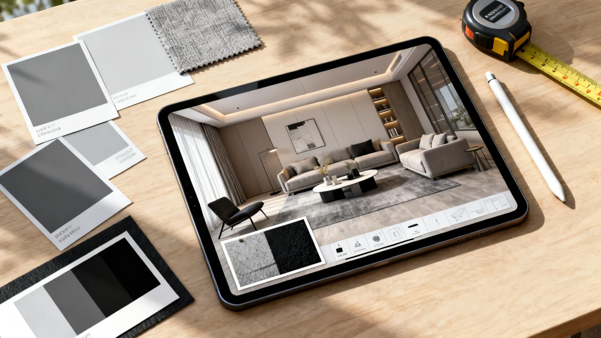 Top-down view of a tablet with a 3D room planner and material swatches for a monochrome living room.