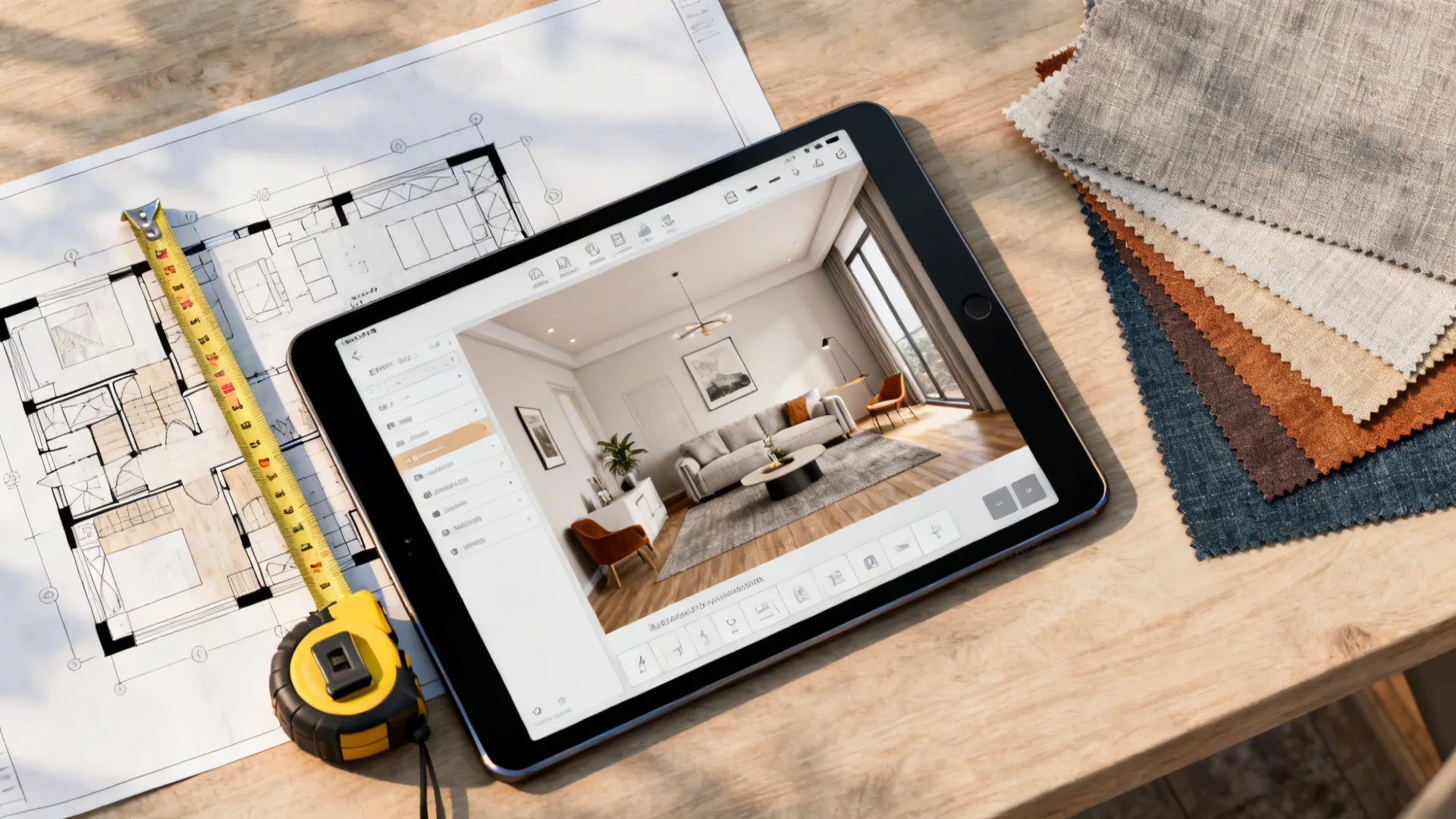 Top-down view of a room planner demo on a tablet with floor plan sketches and swatches