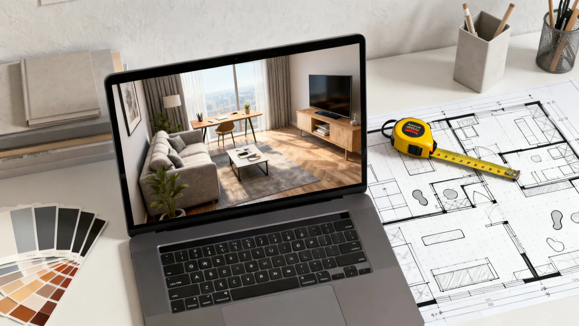 Top-down shot of a room-planner mockup on a laptop with measuring tools and sketches.