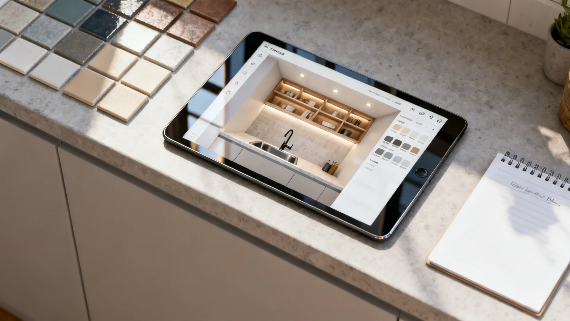 Tablet showing a 3D room planner mockup of above-sink solutions beside tile samples