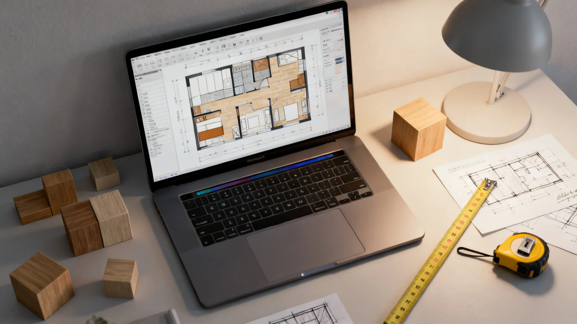 Top-down view of a laptop showing a room-planner layout with sketch notes and measuring tools.
