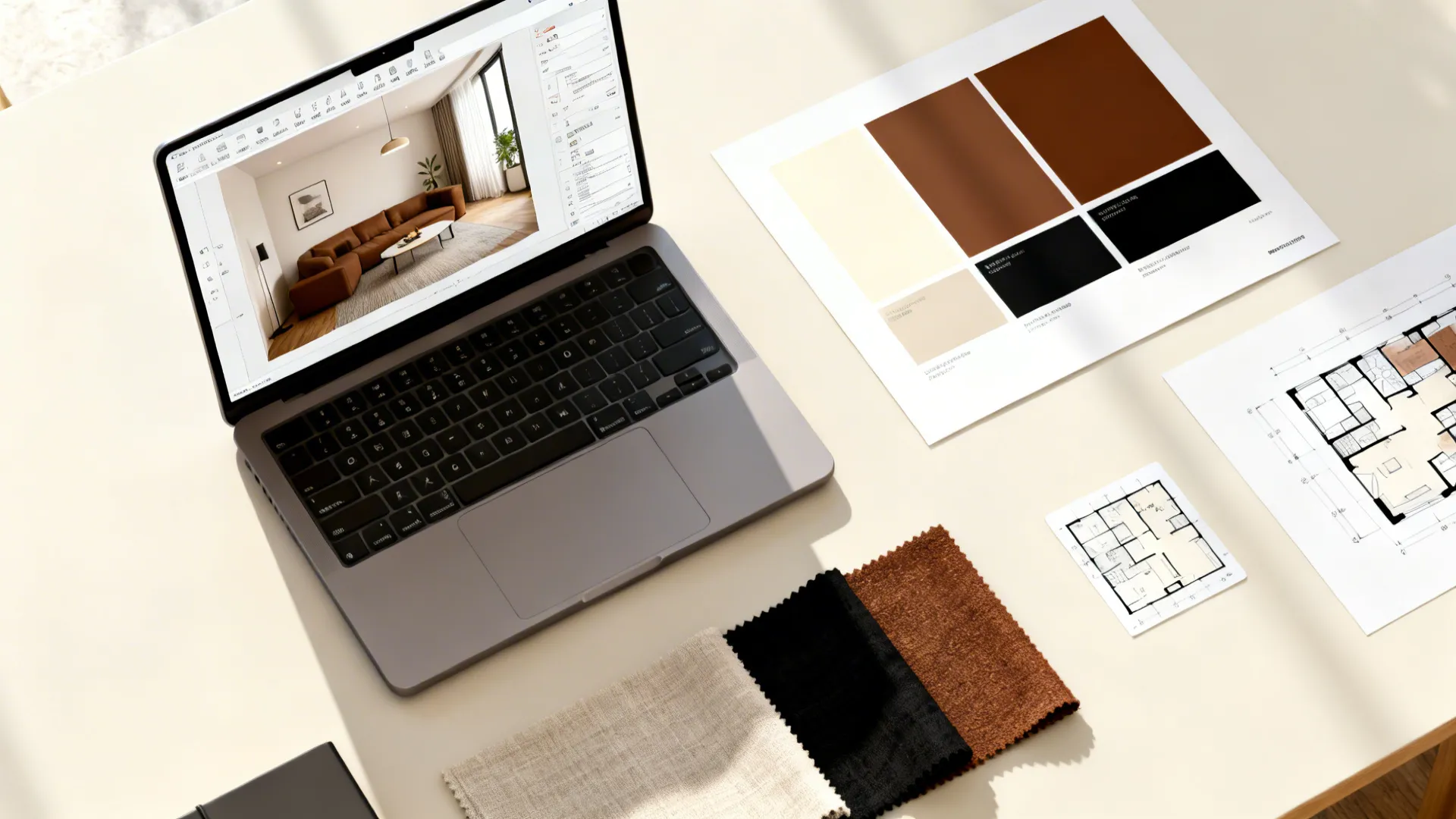 Top-down view of a planning desk with a room planner mockup and palette of cream, brown and black.